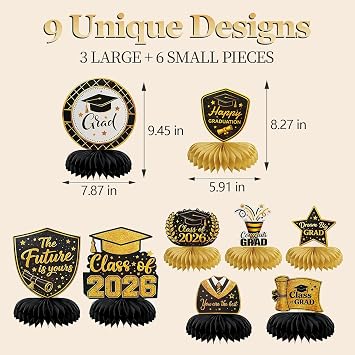 Graduation Party Decorations, 9 Pcs Honeycomb Centerpieces Set, Black & Gold Centerpiece Table Decorations for Class of 2026