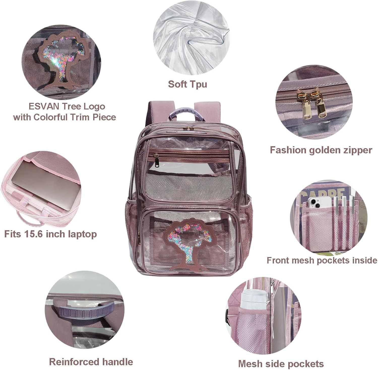 ESVAN Clear Backpack Transparent Stadium Approved See Through for Middle College Laptop Bag with Leather Trim - Image 3