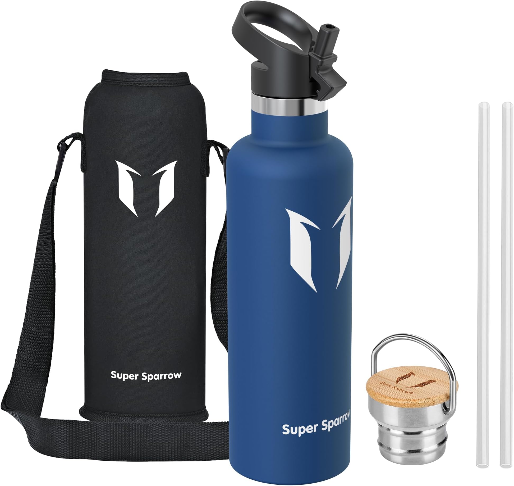 Super Sparrow Water Bottle Stainless Steel - 350ml/500ml/620ml/750ml/1L- Insulated Metal Water Bottles - Standard Mouth Flask - BPA Free - Straw Bottle for Work, Gym, Sports - 2 Lids