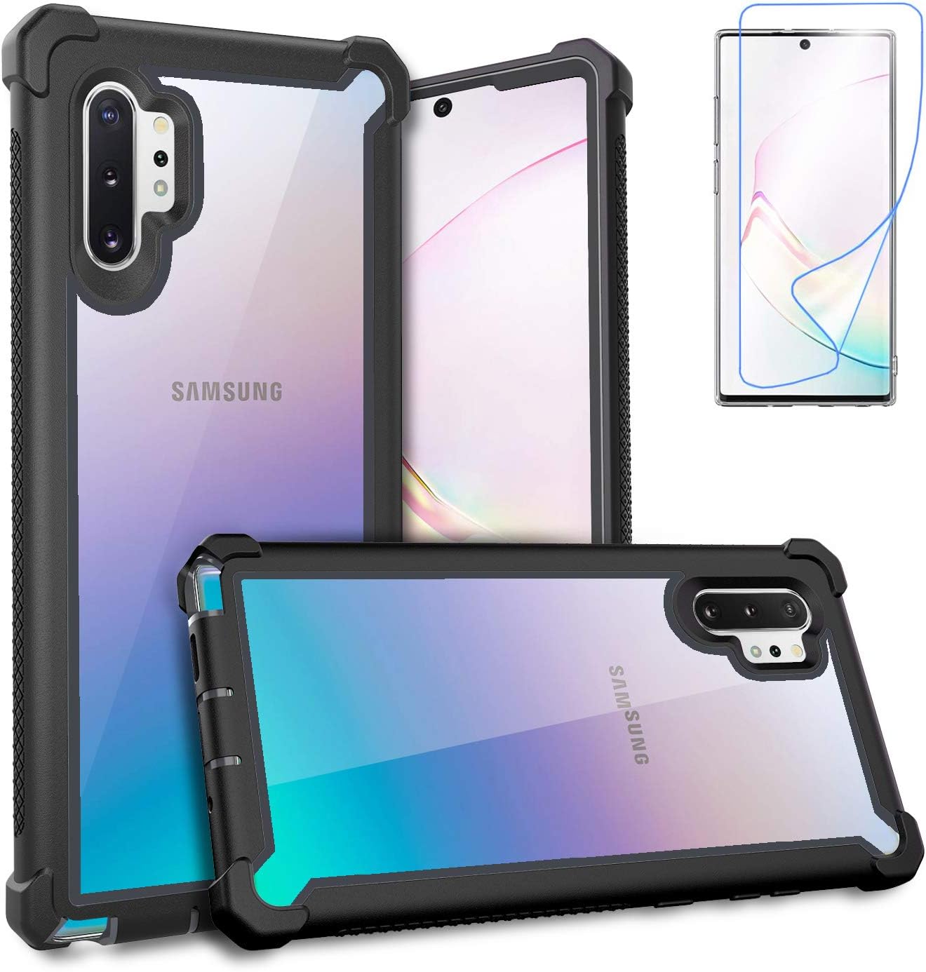 Case for Samsung Galaxy Note 10 Plus Case with Screen Protector, Full Body Protective Hybrid Dual Layer Shockproof Acrylic Back Case Cover for Galaxy Note 10 Plus 5G 6.8 inch (Black)