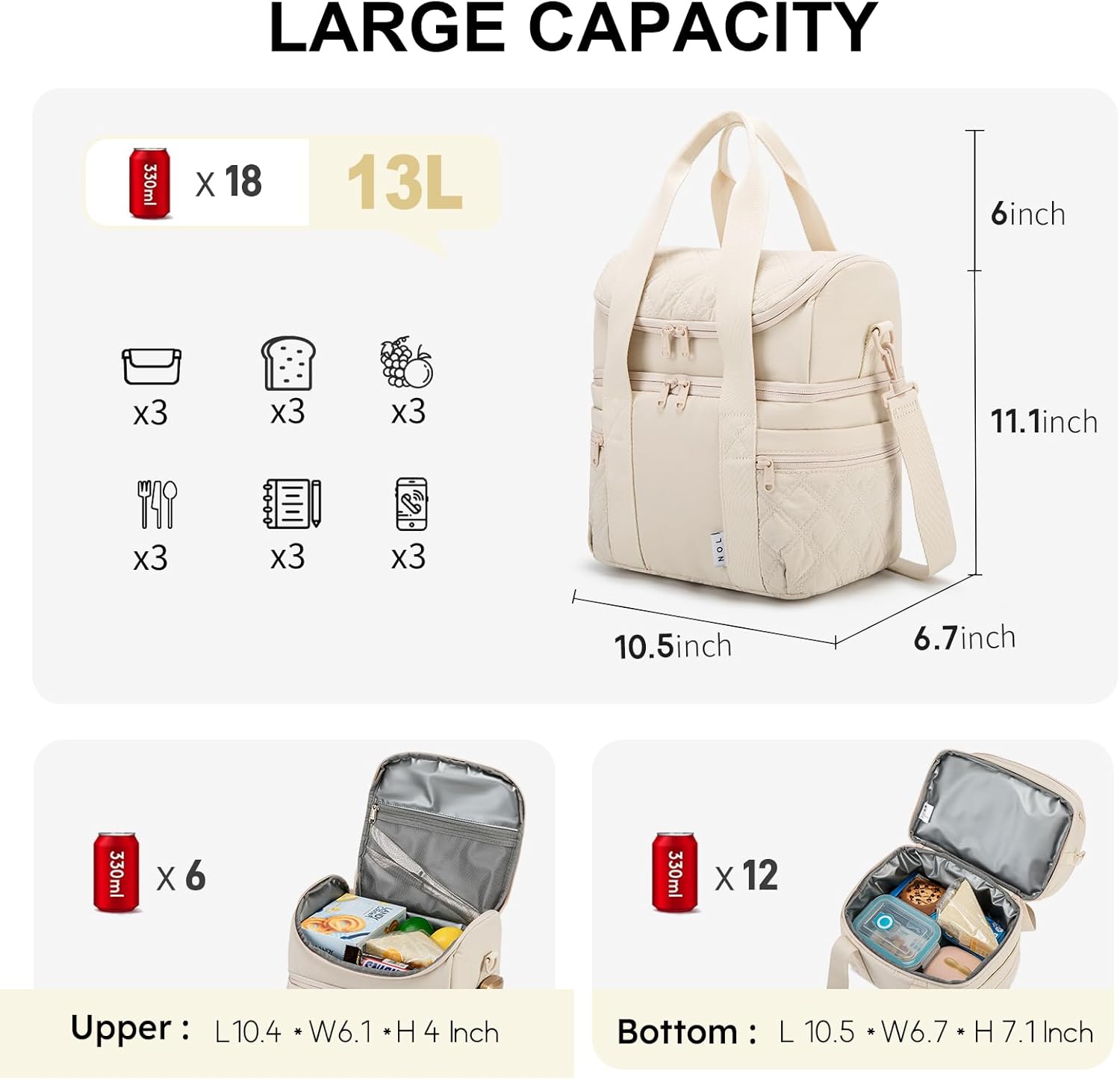 NOL Natural Organic Lifestyle Lunch Bag for Women - Large Double Deck Insulated Lunch Box Leakproof Reusable Lunch Cooler Puffer Lunch Tote Bag with Multiple Pockets for Work Picnic, Cream - Image 2