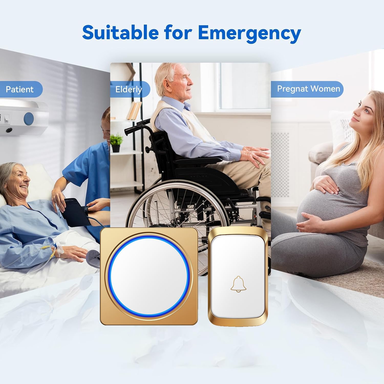 Genérico Timbre inalámbrico de 300 m de Largo Alcance con 2 receptores, Mini Timbre IP68 Resistente al Agua, Flash LED, 4 Niveles de Volumen, 38 melodías, Flash LED, Dorado.
