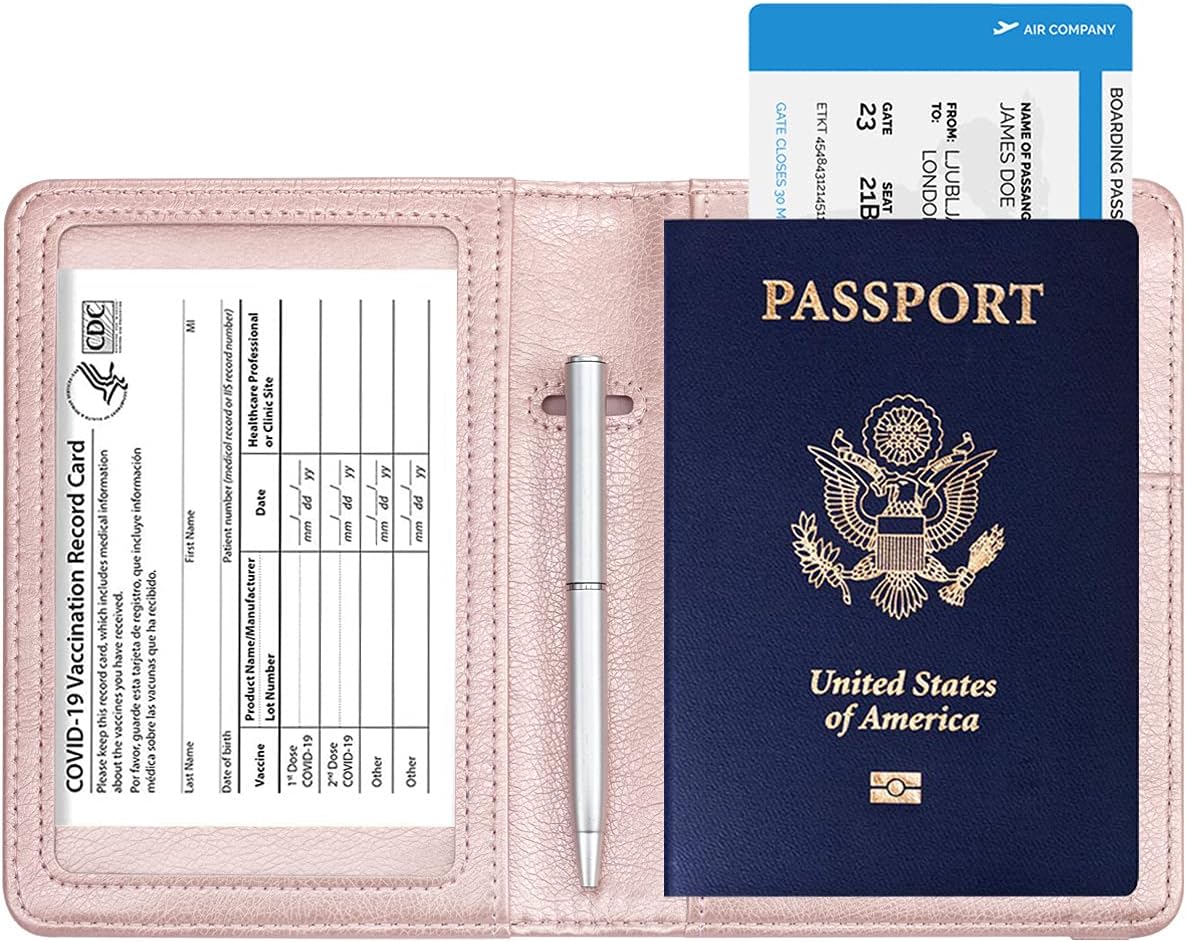 | Passport and Vaccine Card Holder Combo - HOTCOOL Leather RFID Blocking Wallet With Elastic Strap Travel Cover Case For Passport, Rose Gold | Passport Wallets