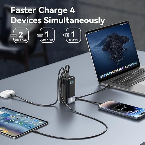 Miniatura 6 de Cargador portátil de carga rápida, 18400 mAh, 65 W, pantalla LED, batería esencial de viaje con cables USB-C y Lightning integrados para iPhone