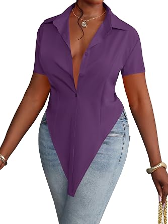 LYANER Womens Button Down Collar V Neck Open Front Short Sleeve Slit Hem Long Shirt Blouse Tops