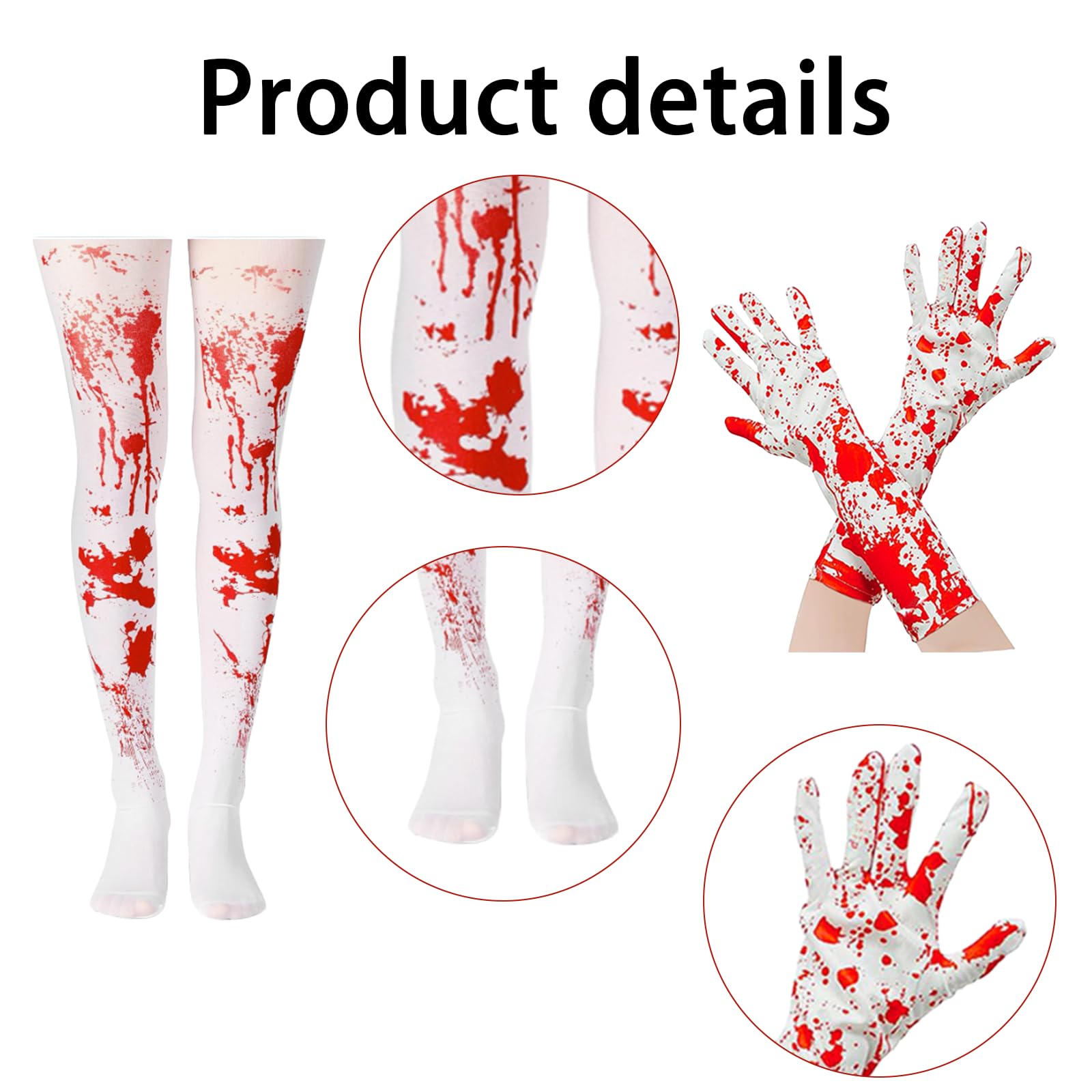 GWAWG 2PCS Girls Blood Stained Tights and Blood Gloves for Kids Halloween Costumes Red and White Blood Stained Tights for Ages 7-12 Long Sleeve Full Finger Gloves Women Stockings for Halloween Cosplay - Image 3