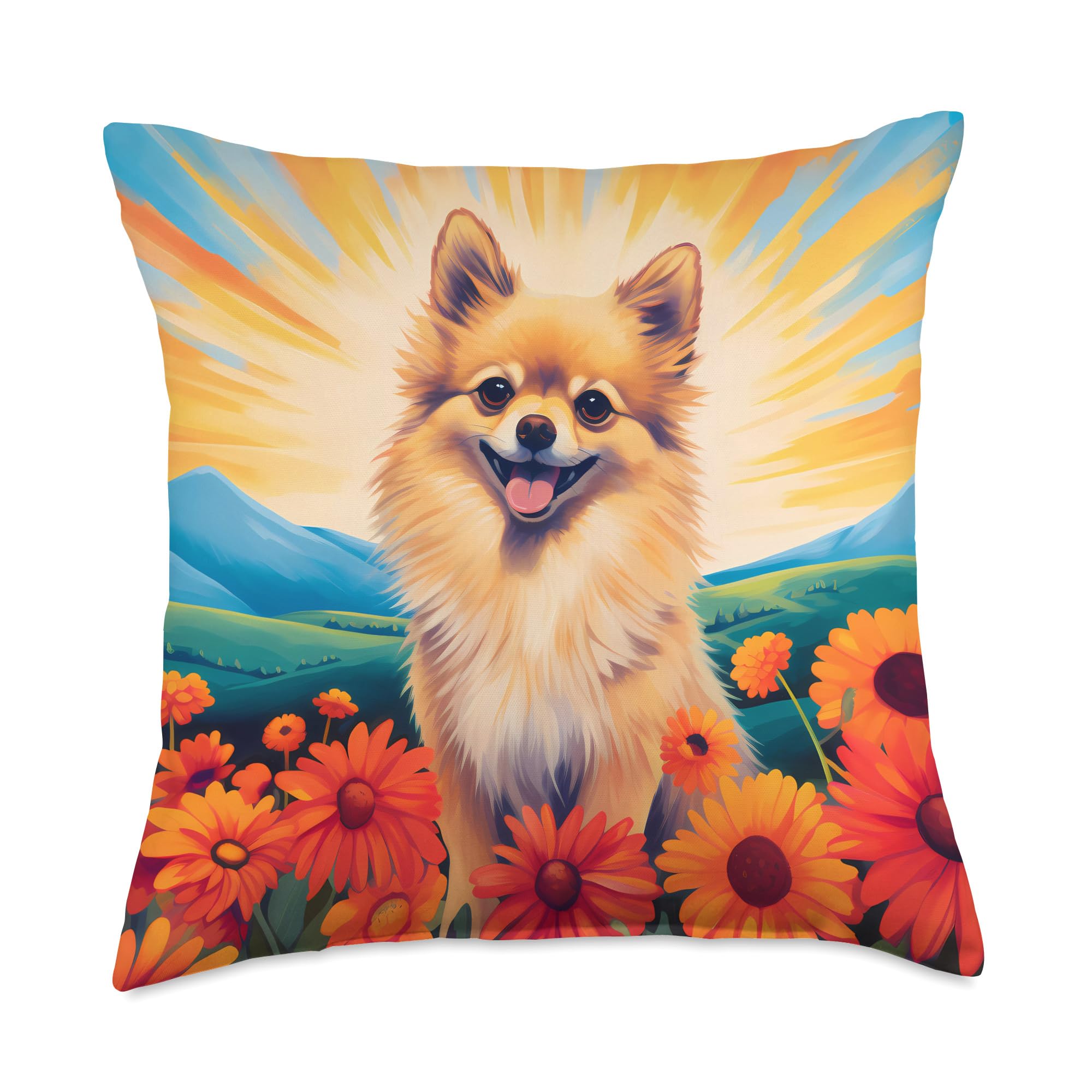Cute Pomeranian Colorful Flower Mountain Sunset Puppy Dog Throw Pillow