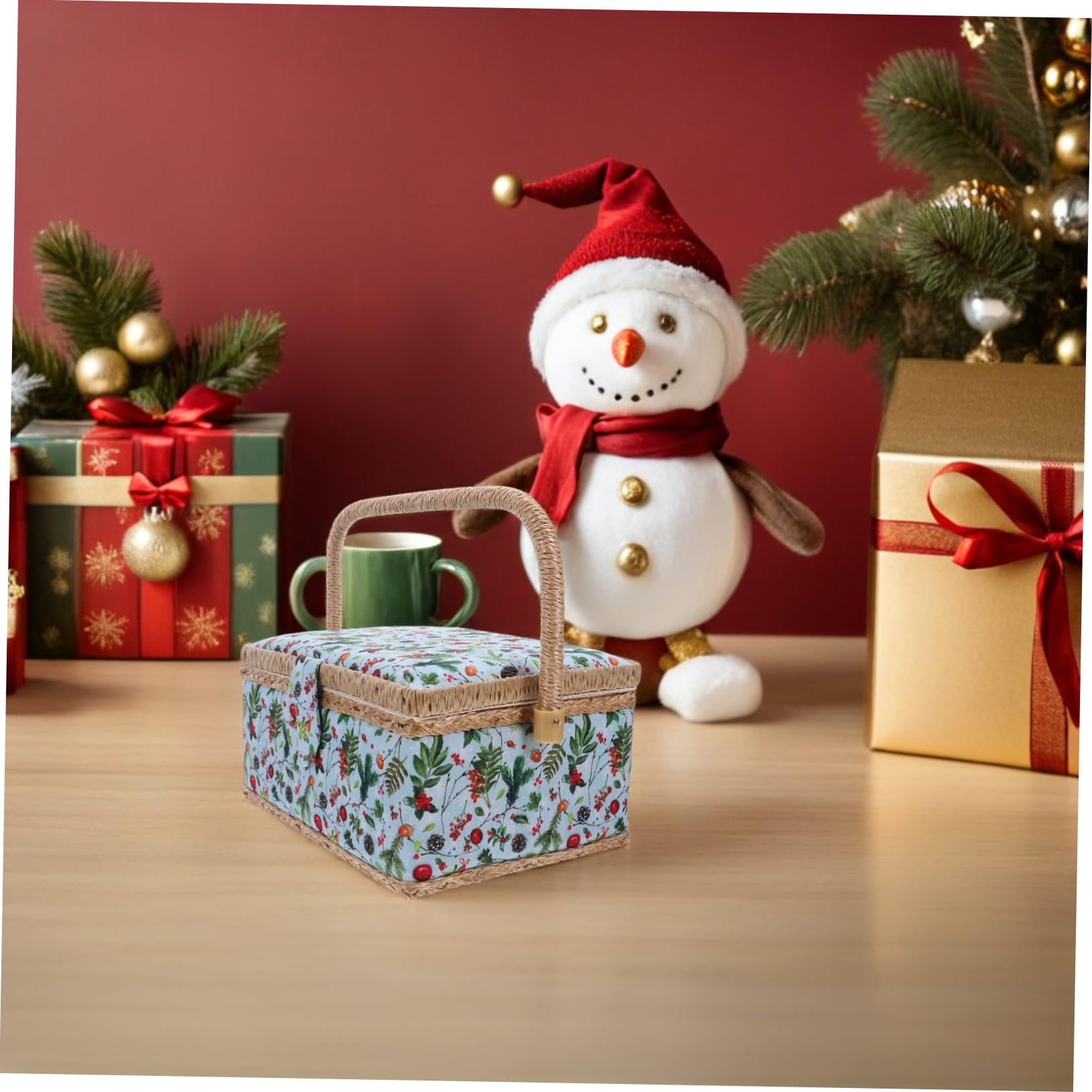 Cesta de Costura Grande con Diseño Navideño Organizador Portátil para Almacenamiento de Suministros de Costura Caja con Asa para Bordado Casa y Viajes