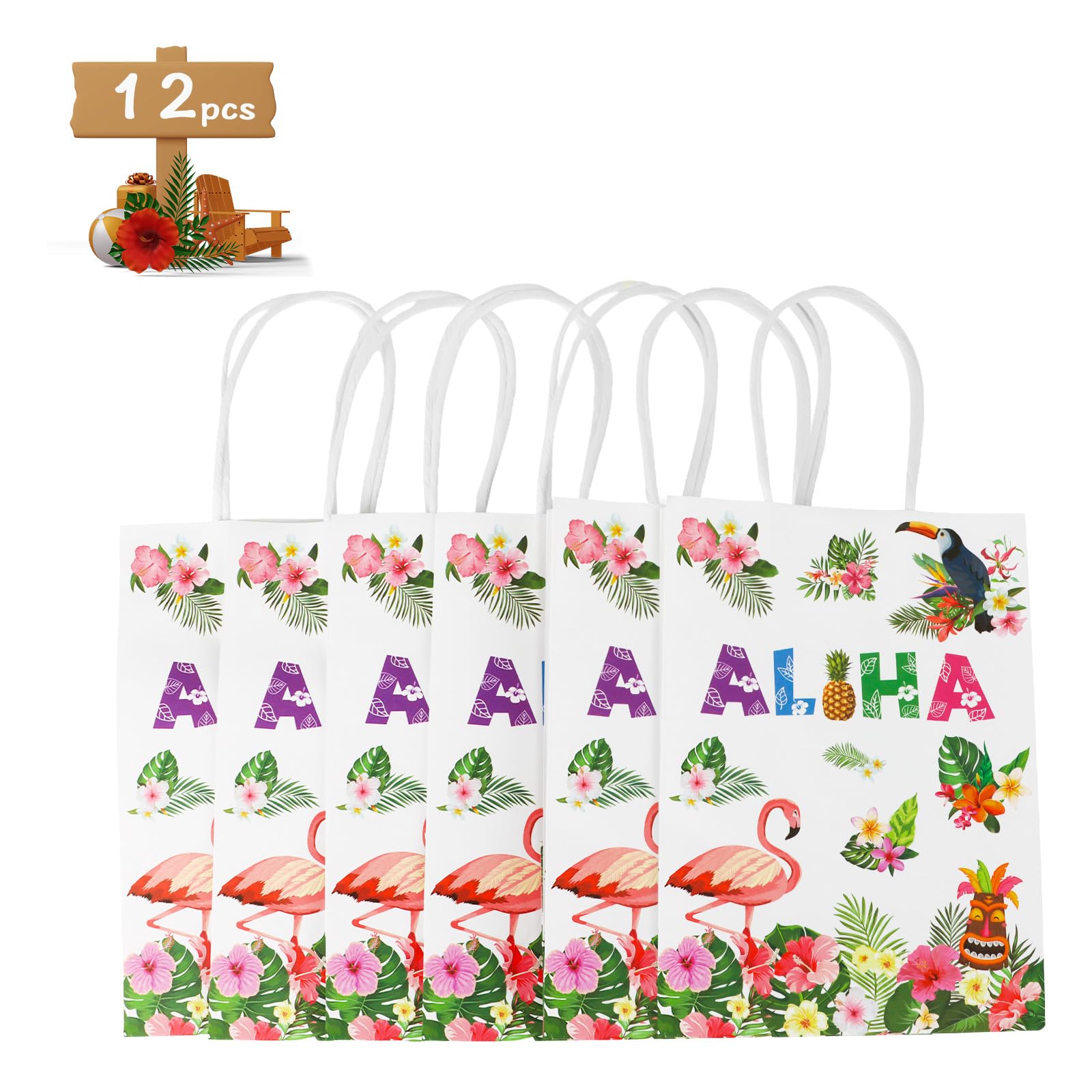 Hxezoc 12 Pieces Hawaiian Gift Bags with Handle, Paper Treat Luau Candy Bag Summer Tropical Palm Leaf Favor Bags for Hawaiian Theme Festival Luau Holiday Party Decoration Supplies