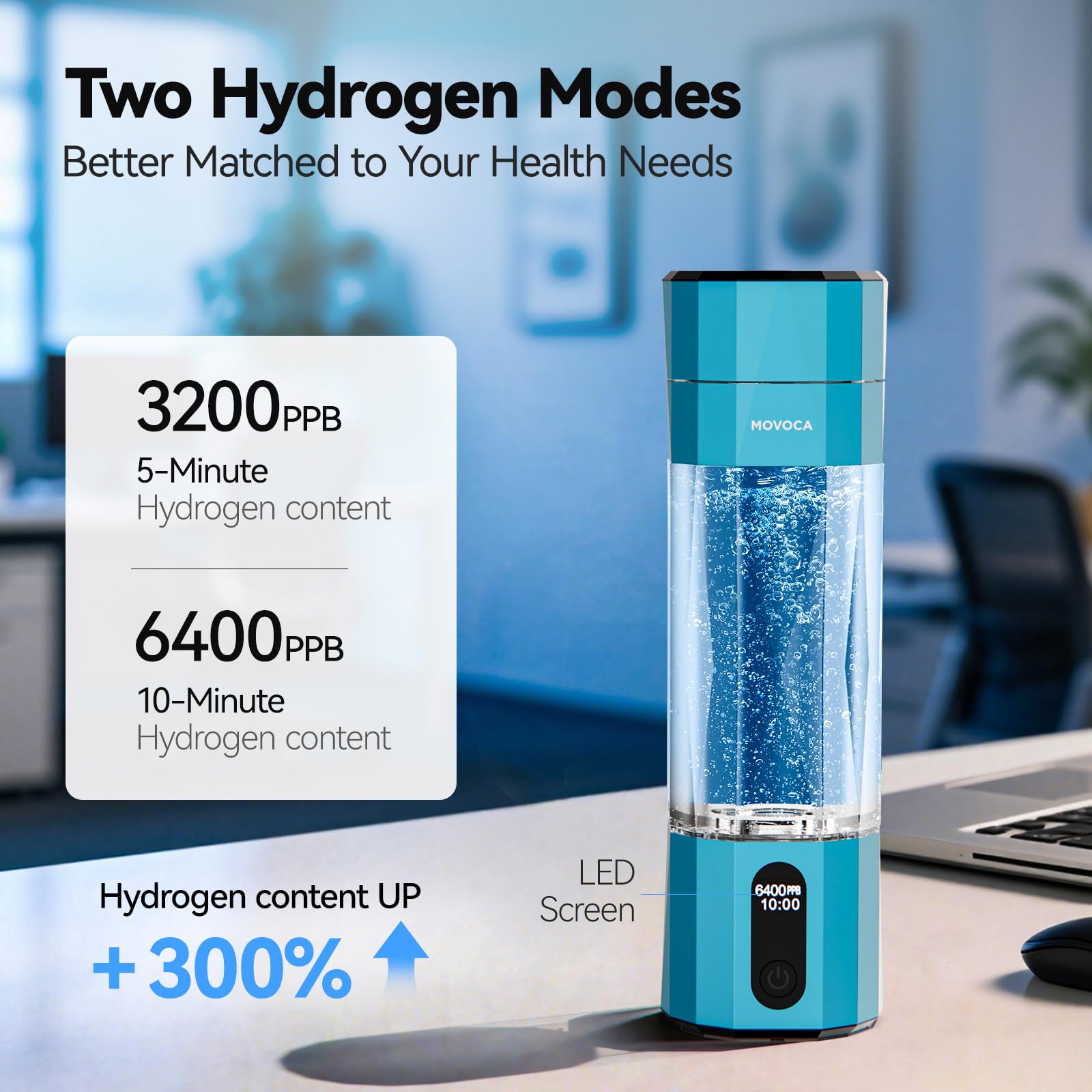 MOVOCA Bottiglia d'acqua a idrogeno, generatore di acqua a idrogeno rapido da 3 minuti con tecnologia SPE PEM, borraccia idro portatile adatta per palestra, ufficio, viaggi, casa, regalo per amici
