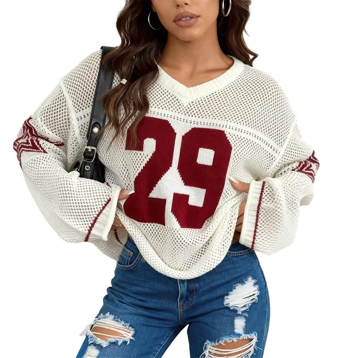 Womens Y2k Jersey Shirts Going Out Tops Oversized Graphic V Neck Crochet Long Sleeve Kint Pullover Sweater