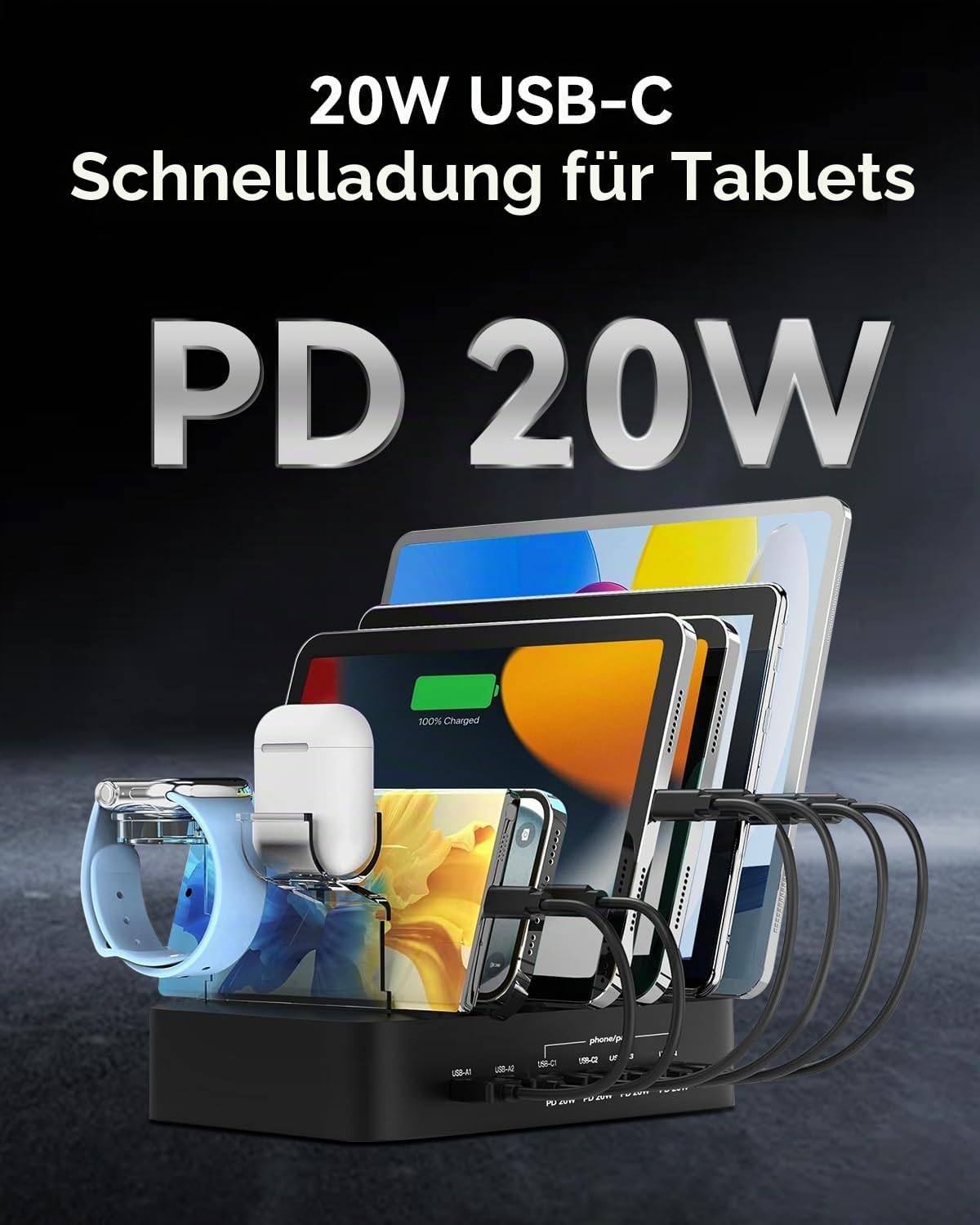 PD Ladestation USB C für mehrere Geräte Schnelles PD Ladegerät 100W 6-Port mit 4X 20W USB C Ladeanschluss, Schwarz