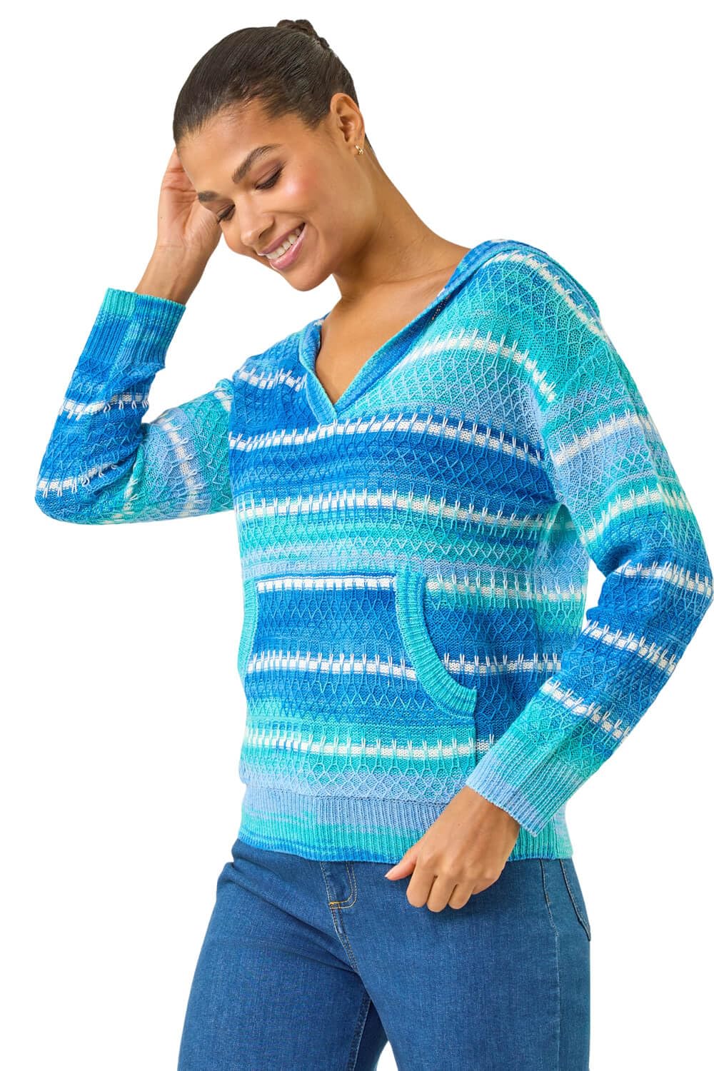 Roman Women's Blue Textured V-Neck Knit Hoodie