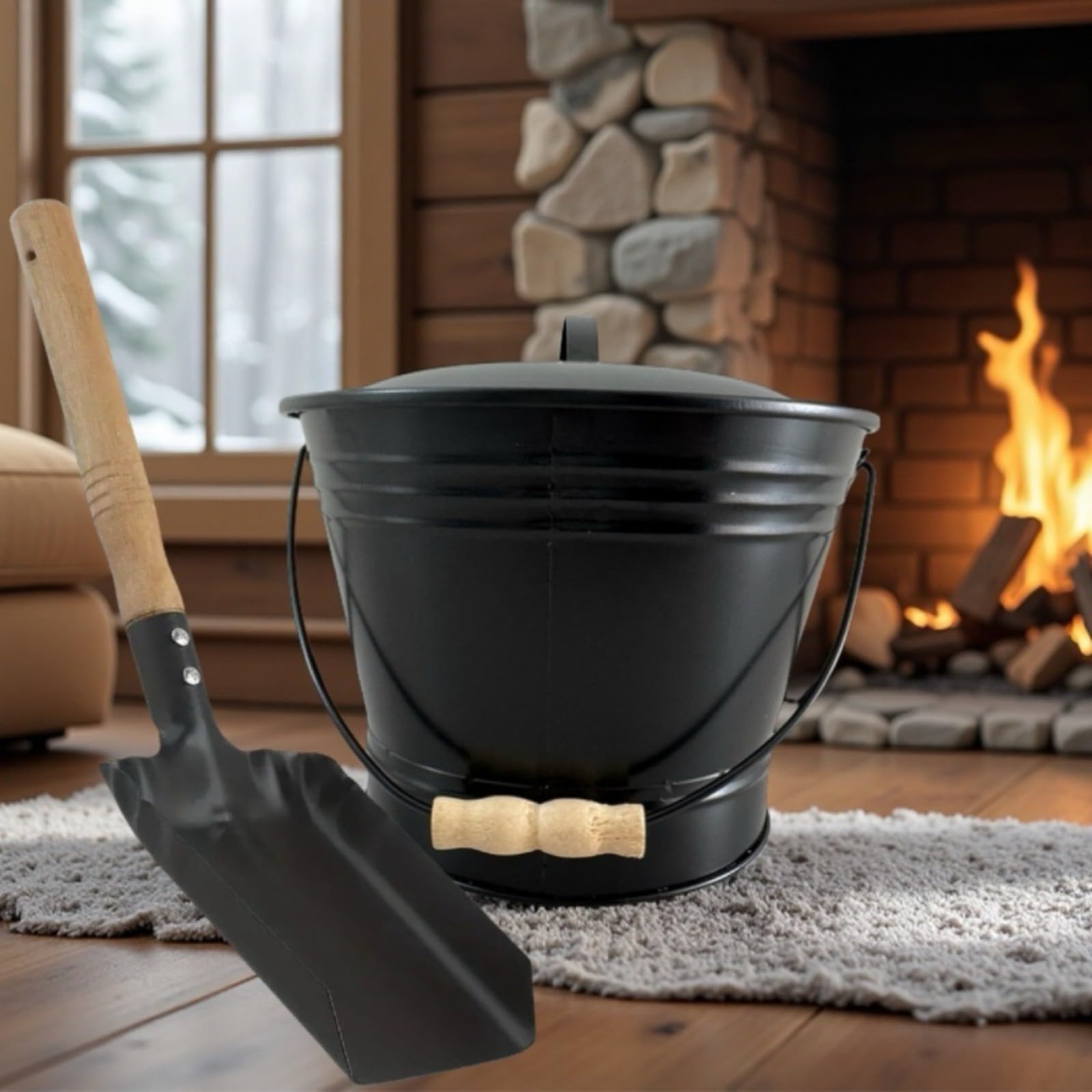 Secchio rotondo per cenere con coperchio e strumenti, contenitore ignifugo in ferro zincato resistente per barbecue a legna a carbone, set di pulizia della casa 18 x 31 cm