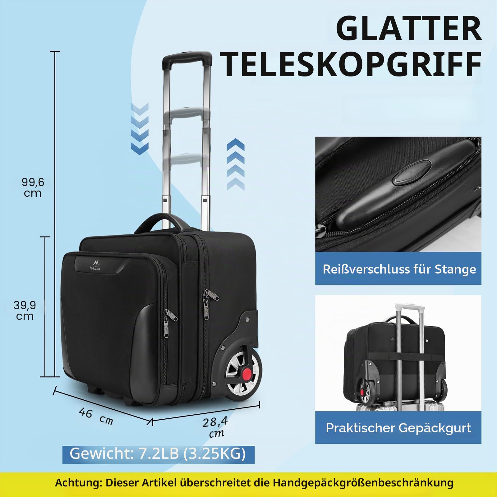 MATEIN Business Trolley mit Großen Rädern, Laptop Trolley 17,3 Zoll mit 3 Packing Cubes, Pilotenkoffer mit Rollen wasserdichte, Aktenkoffer mit Rollen für Herren, Reisen, Arbeit, Schule, Schwarz