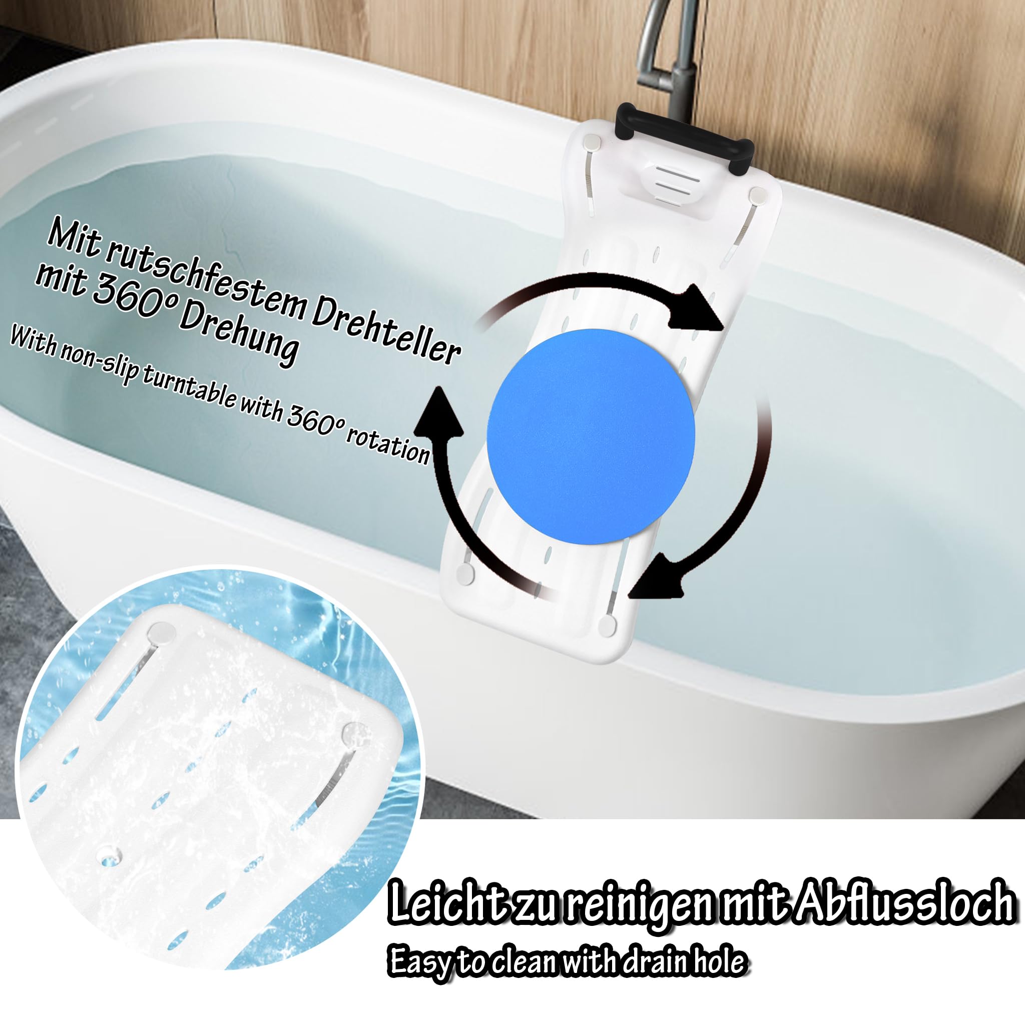 LARS360 Vasca da bagno con piastra girevole, seduta regolabile per anziani con manico nero e ripiano per sapone, carico massimo 150 kg, per vasca da bagno da 41-63 cm, LARS-(HAG1368A)