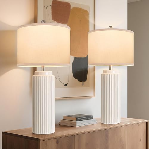 Miniatura 7 de 28’’ Farmhouse Ceramic Table Lamps Set of 2 for Living Room, Cream Vintage Bedside Table Lamps with White Linen Shade, Rustic Nightstand Lamps for