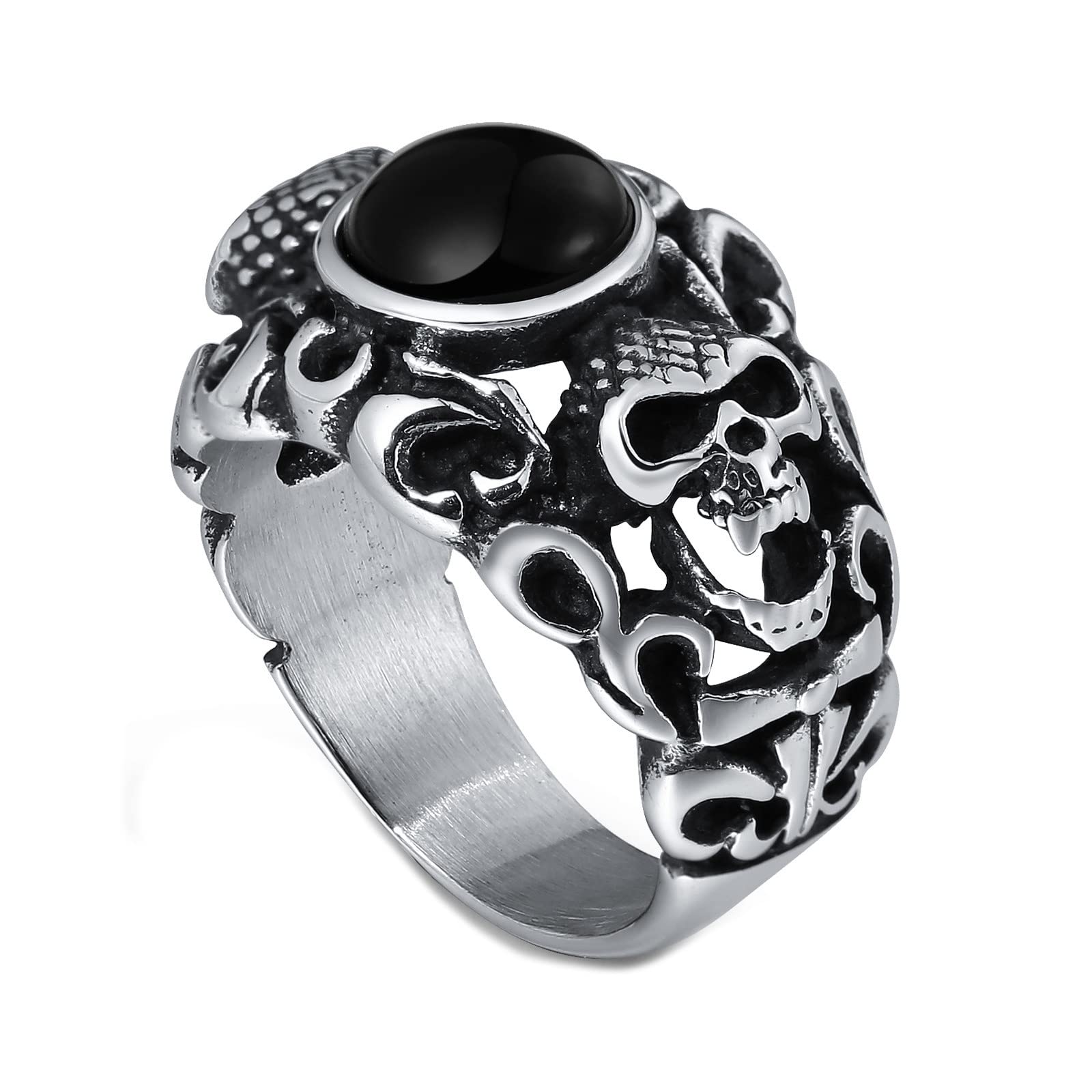 Anello A Fascia Uomo Acciaio Anelli Fidanzamento Uomo Anello Teschio Gotico con Pietra Rotonda Anelli Fidanzamento Marrone/Nero Taglia 15 to 25