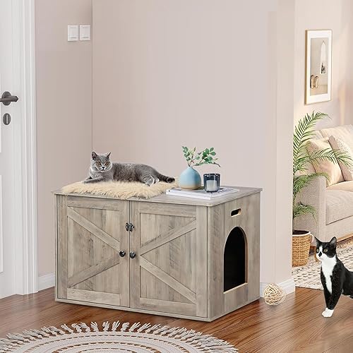 Miniatura 6 de Caja de arena para gatos, muebles de caja de arena ocultos con divisor extraíble, muebles de baño de madera para gatos, casa interior para gatos,