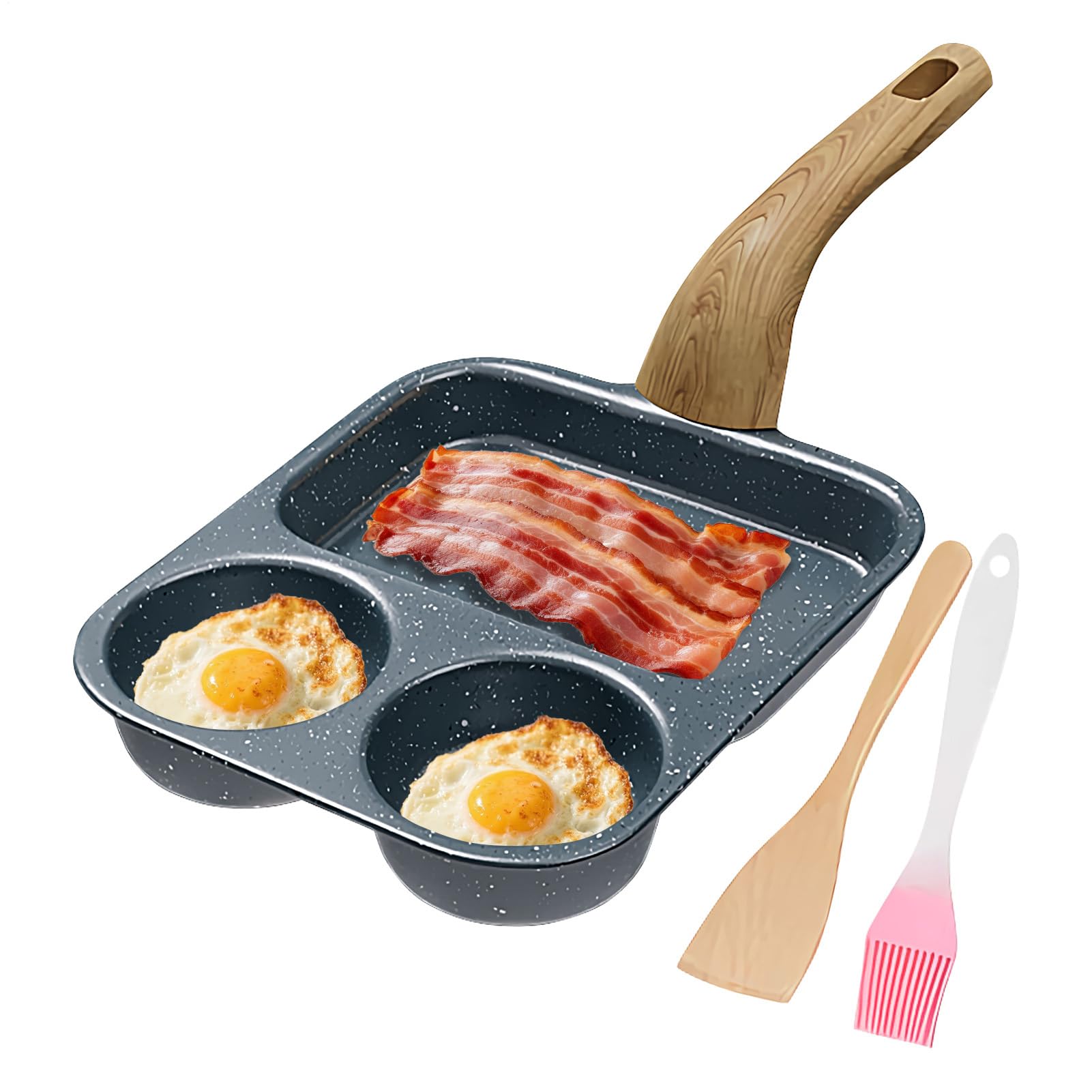 Nonstick Egg Pan - 3 Compartment Breakfast Pan with Spatula Brush Set | Fry Pot with Heat Resistant Handle, Durable, for Pancakes, Sausages, To