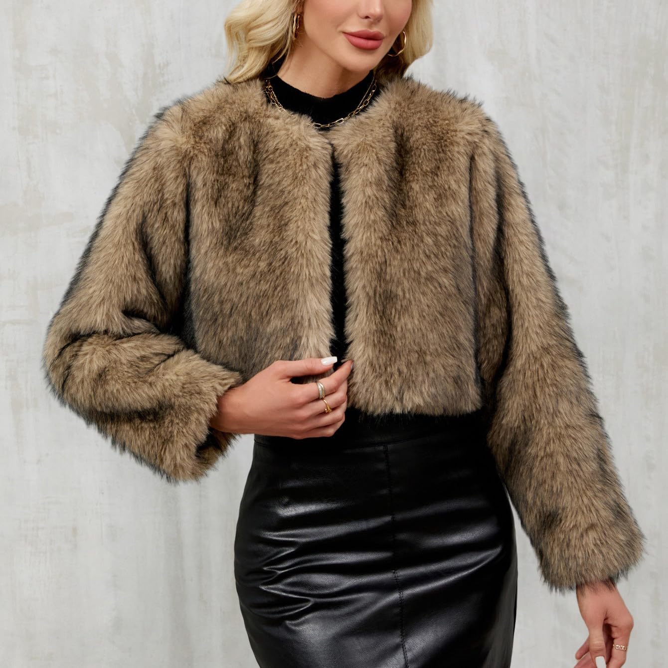 Chaqueta de Piel Sintética,Abrigo Corto Esponjoso para Mujer Ropa de Abrigo Elegante y de Lujo Elegante Cardigan de Manga Larga Cálido Cazadora de Moda para Salir Cómoda Chaqueta Mullido de Invierno