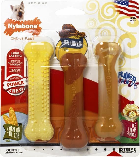Nylabone Tough Dog Chew Toy Bones, BBQ Chicken/Corn on the Cob/Ice Cream, Variety Pack, 3-Piece, S, For Dogs Up To 11 kg