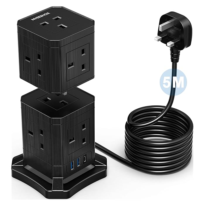 Buy NVEESHOX 10 Plug Extension Lead, 5M Cord Tower Power Strip with 2 USB Slots&1 PD 30W USBC