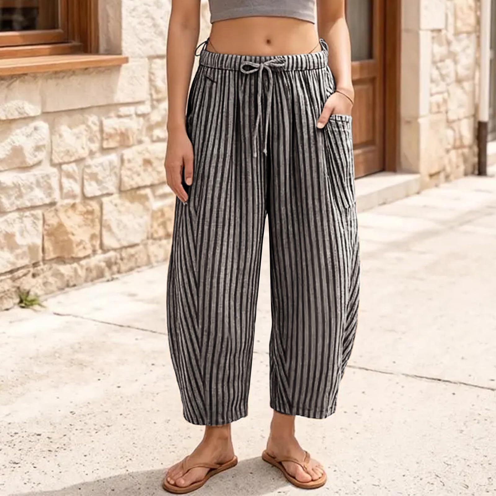 Pantalones de lino para mujer, pantalones de verano ligeros, aireados, con goma elástica y bolsillos, cintura alta, pantalones de tela sueltos, informales, pantalones de ocio de pierna ancha