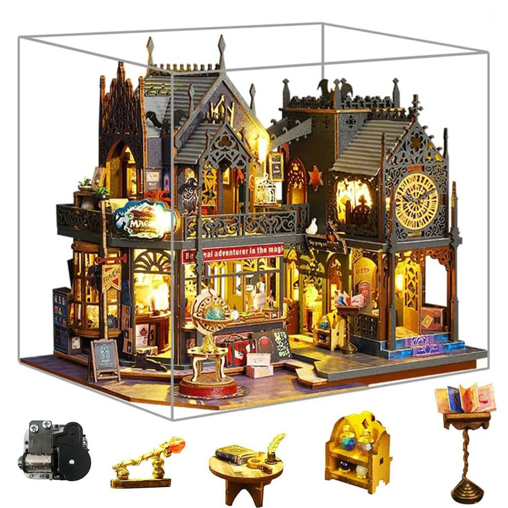 Miniaturowy domek dla lalek DIY z osłoną przeciwpyłową i misic, miniaturowy zestaw domku dla lalek, skala 1:24, magiczny domek dla lalek, kreatywny pomysł na pokój dla dorosłych