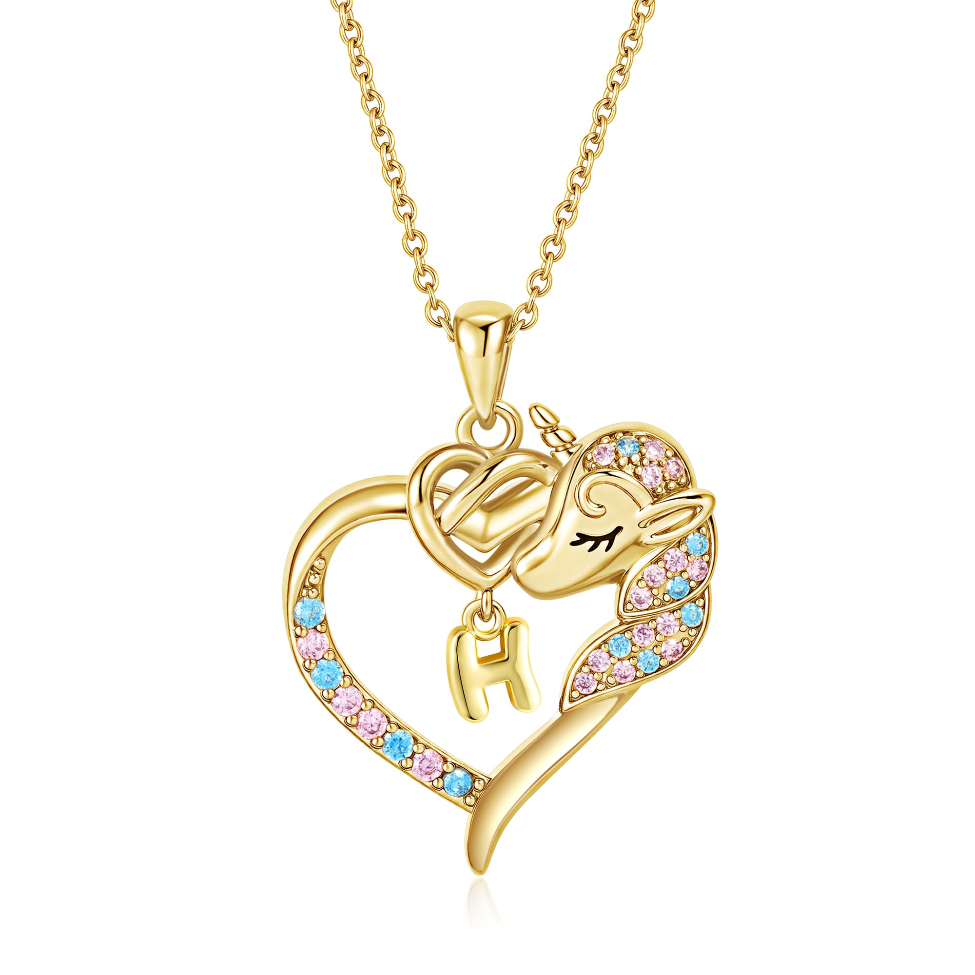 Fezodo Unicorn Necklaces for Teen Girls Kids - Colorful CZ 18K Gold Plated Heart Initial Necklaces for Women Gold Jewelry Birthday Unicorn Gifts for