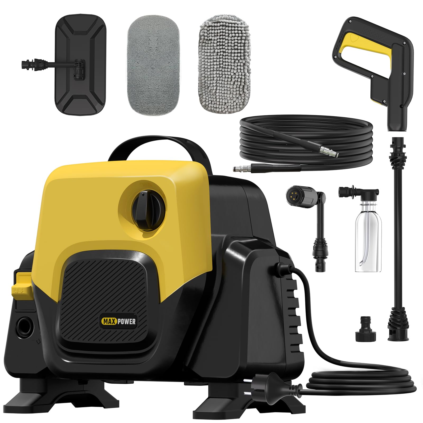 Idropulitrice con Ugello 5 in 1,pressure washer 100Bar Max Portata 480 l/h,Autoadescante, Lavatrice Portatile per con Serbatoio di Schiuma, Tubo Flessibile ad alta Pressione 5m without wheels