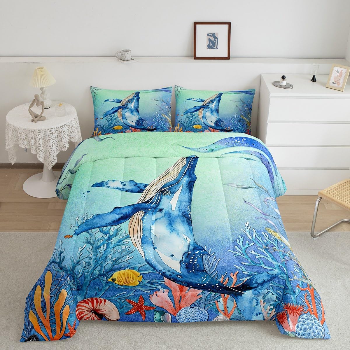 Whale Bedding Sets - Queen Size, Kids Teal Whale Comforter Set with Ocean Decor, Sea Animal Duvet Insert, Starfish Coral Quilted Comforter and 2 Pillow Covers