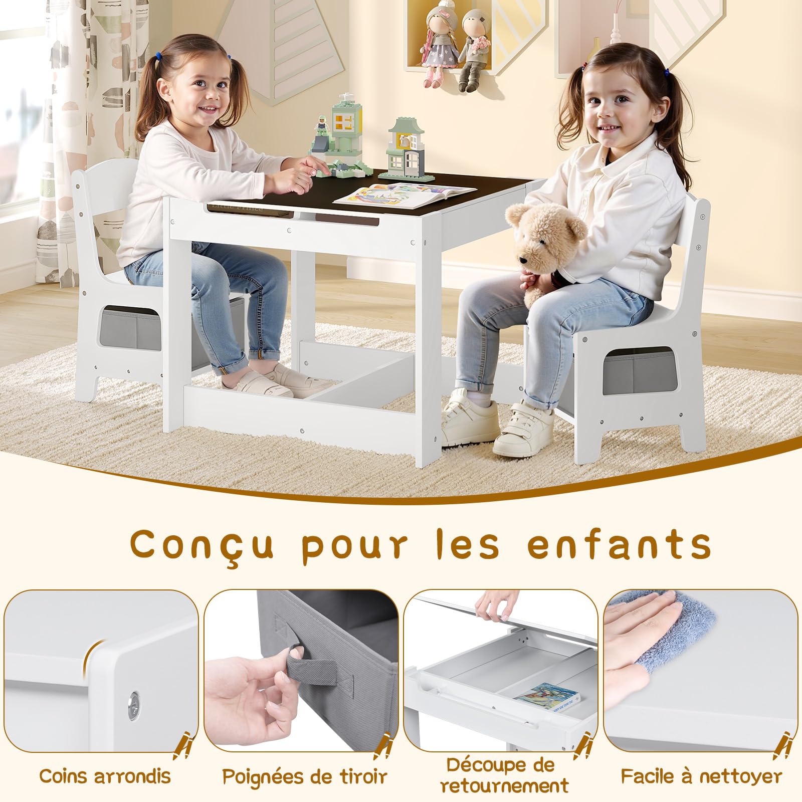 Lestarain 3 en 1 Table pour Enfants et 2 Chaises avec Tiroir de Rangement, Ensemble de Meuble Table d'activité avec Tableau Noir et Un Rouleau de Papier Amovible à Dessiner, Blanc