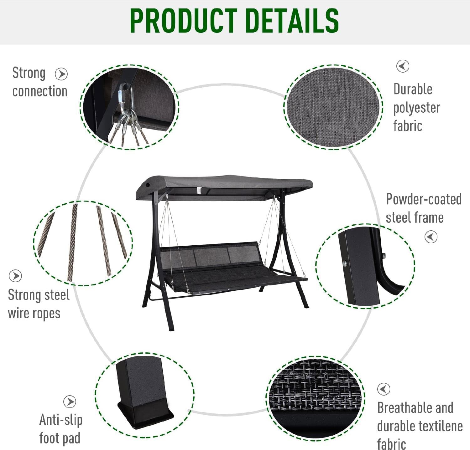 Dondolo da Giardino 3 Posti con Tettuccio Parasole in Metallo/Poliestere Dimensioni 200x115x168 cm Colore Grigio