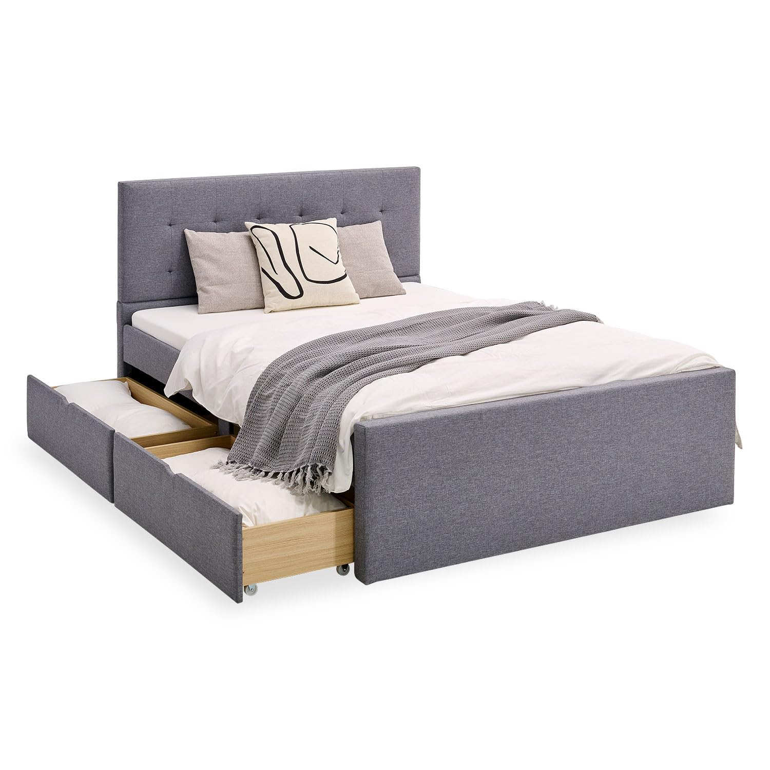 Homestyle4u Polsterbett 120x200 mit Bettkasten & Lattenrost | Stauraumbett 120 x 200 cm in Grau – 2 Schubladen auf Rollen, gestepptes Kopfteil, MDF-Rahmen