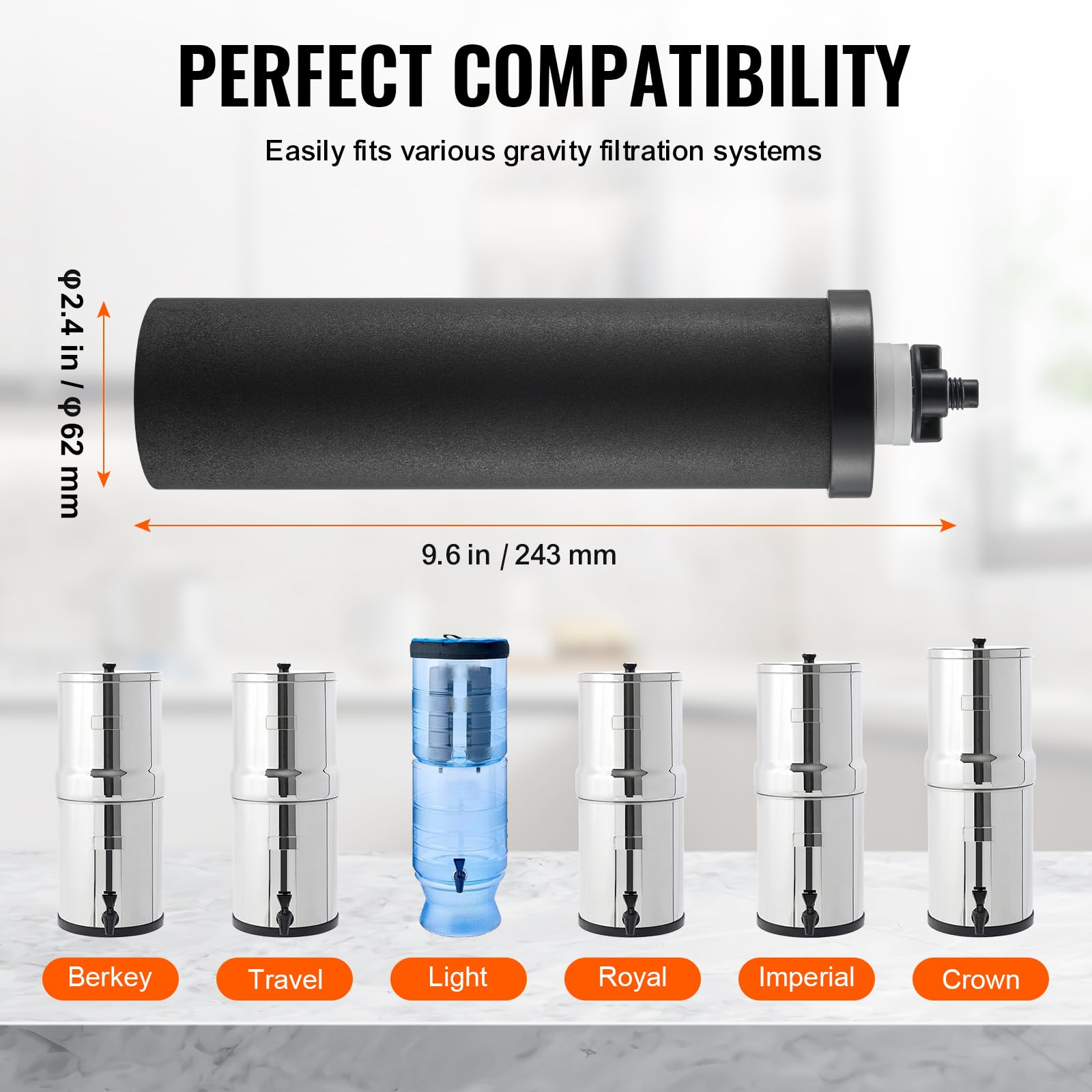 VEVOR Filtres à Eau de Rechange Lot de 2, Purificateur d’Eau Compatible avec la Plupart des Marques, Filtre à Charbon Actif pour Système de Filtration d'Eau par Gravité, Facile à Remplacer, Noir