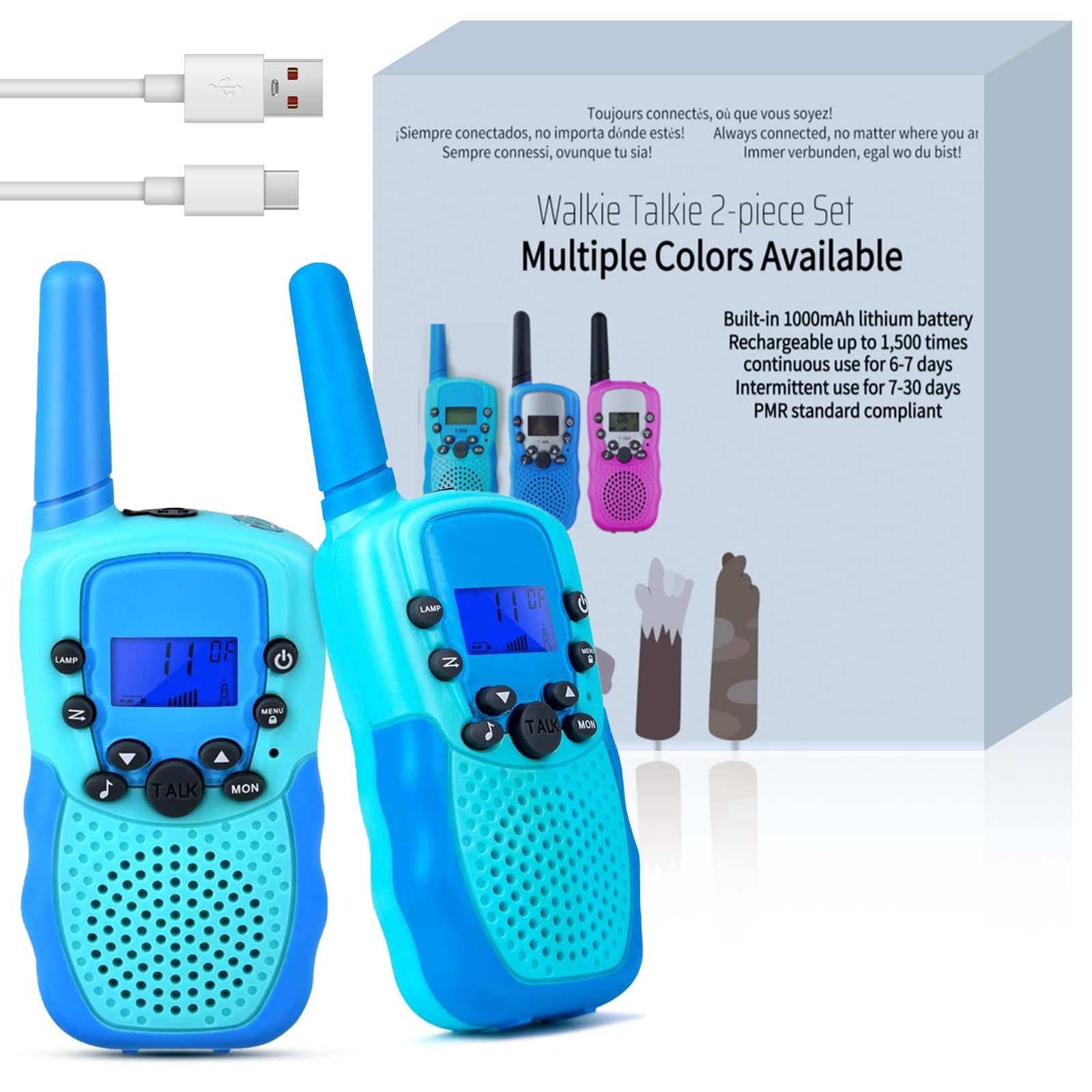 Funkprofi Walkie Talkie Set für Kids, T-388 Funkgerät für Kinder mit eingebautem 1000 mAh wiederaufladbarem Akku, Hobbyfunker 8 Kanal PMR 446, Reichweite bis 2-3 km (2er-Set) hellblau,Light Blue