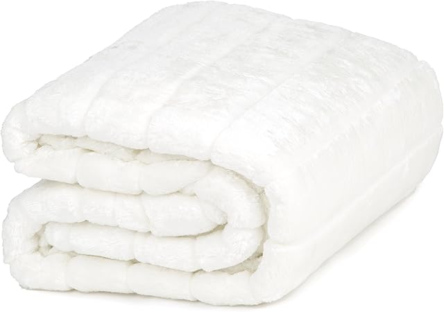 AIREE FAIREE Faux Fur Throws Blanket Bed Sofa Large Soft Ridge Effect Double (White)