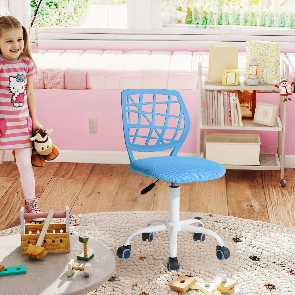 FurnitureR Silla de Escritorio para niños, Silla giratoria de Altura Ajustable con diseño de Respaldo de Agujero pequeño, Adecuada para Dormitorio de niños o Sala de Estudio, Color Azul I