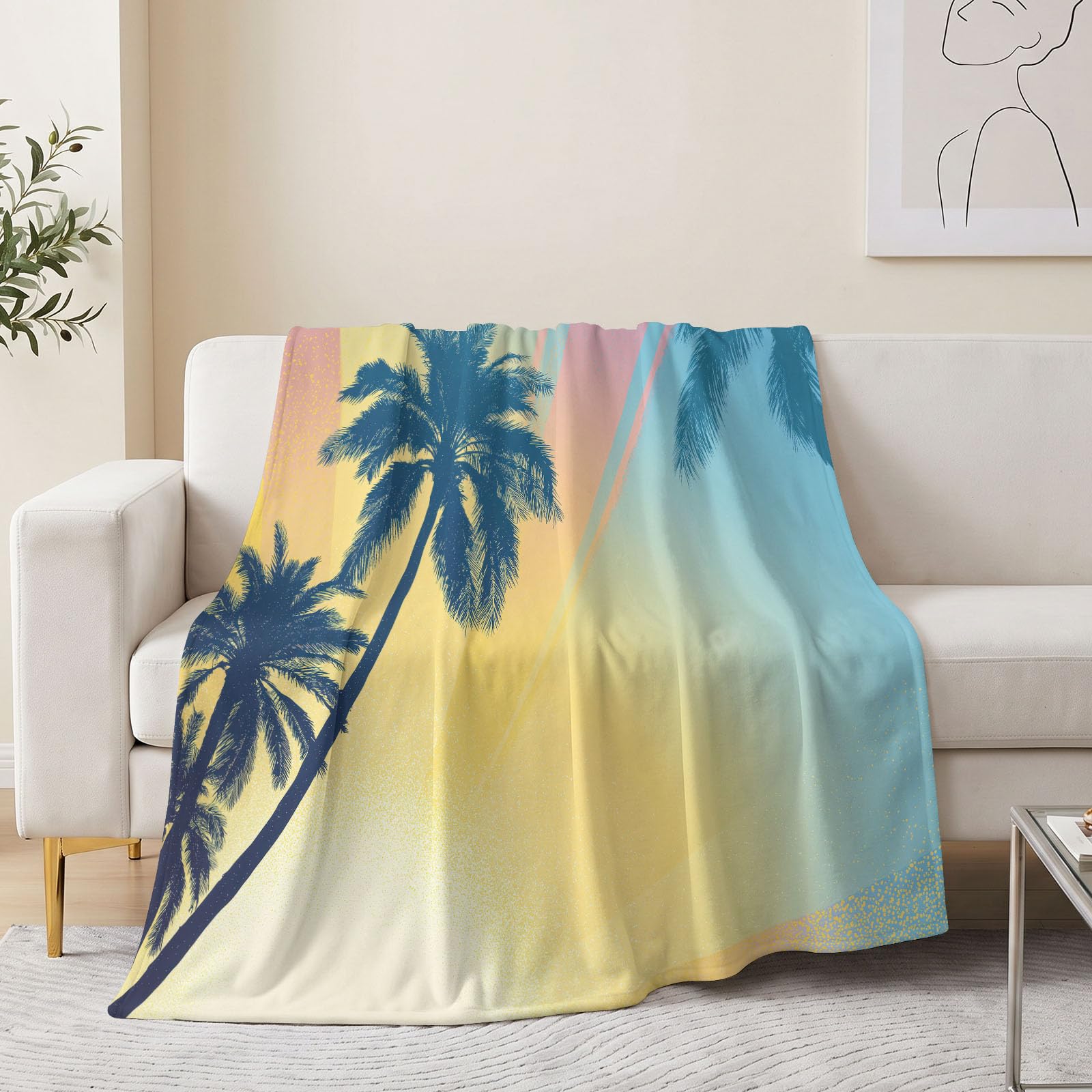 Podwójny koc 200 x 220 cm, naturalna owca, plaża, tropikalna palma, liście słoneczne, nadruk, miękki, przytulny, flanelowy, puszysty, pluszowy koc dla kobiet, dziewcząt, dzieci, dorosłych, nastolatków