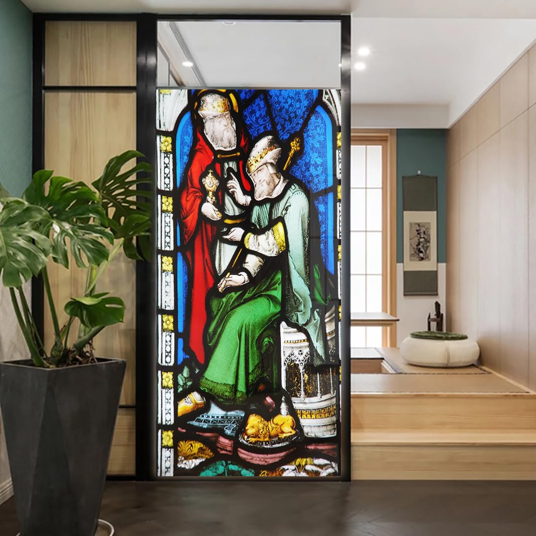 Church Style Stained Glass Window Film Decorative Privacy Non Adhesive Window Stickers for Home Office J8 80x200cm(31.5
