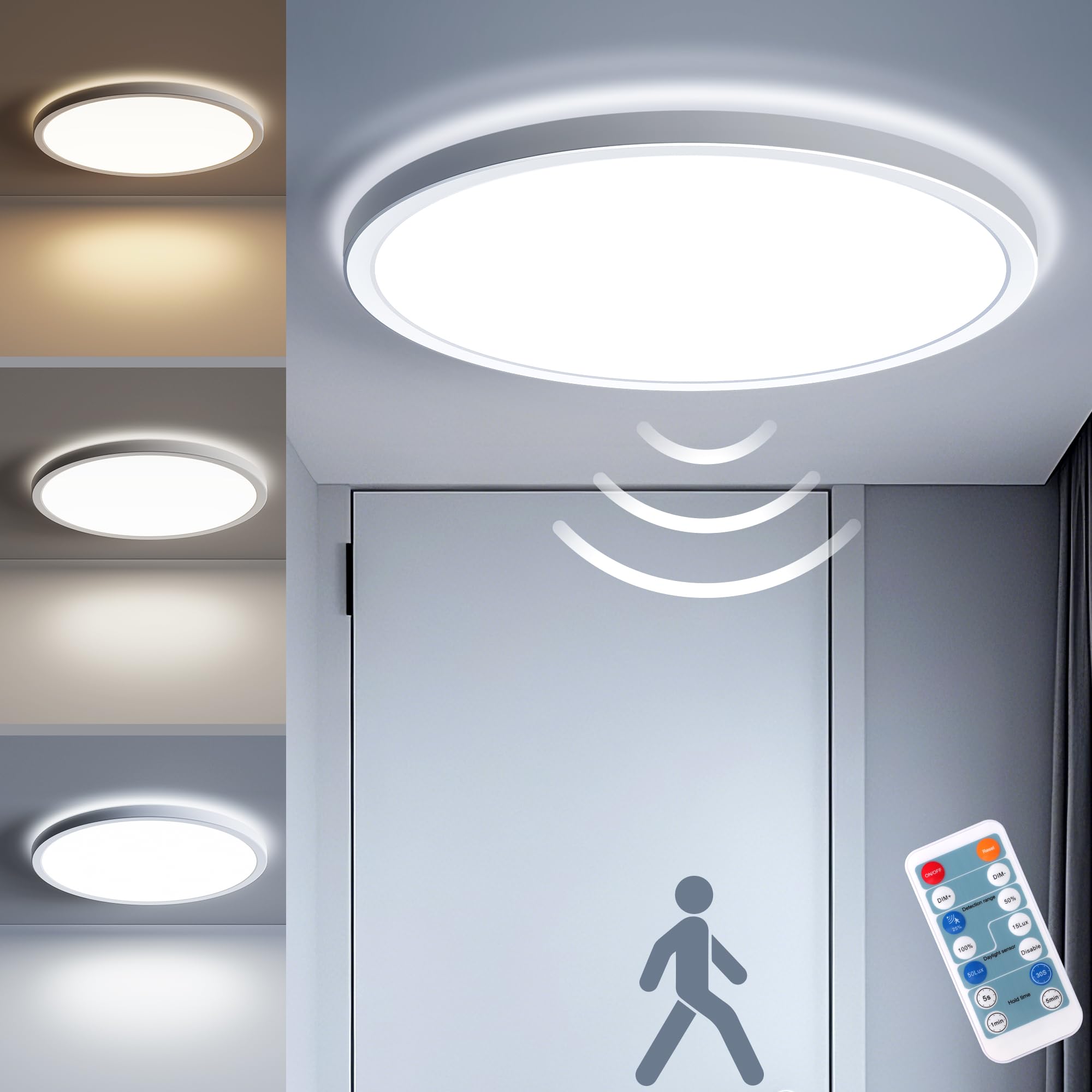 Matane Dimmable Motion Sensor LED Ceiling Light with Remote, 9 Inch Wired Flush Mount 3000K 4000K 5000K, 1800LM Motion Sensor Light Indoor for Closet Hallway Laundry Stairs White