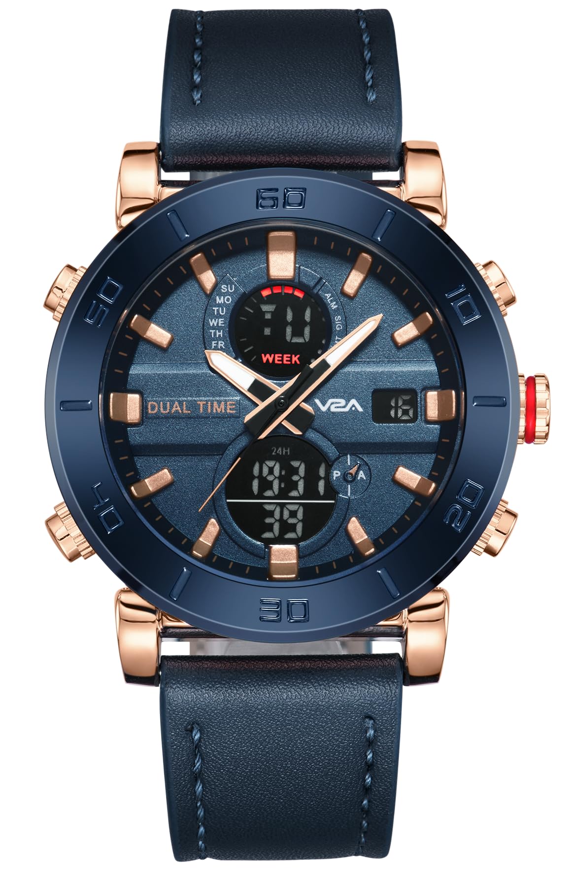 V2A Black Alloy Case and Black Genuine Leather Band Analog Digital Fashion Watch for Men Latest Men’s Watch | Gifts for Men | Gift for Brother | Gift for Husband | Birthday Gifts (Blue-Gold) (B0D8YP472N) Amazon Price History, Amazon Price Tracker