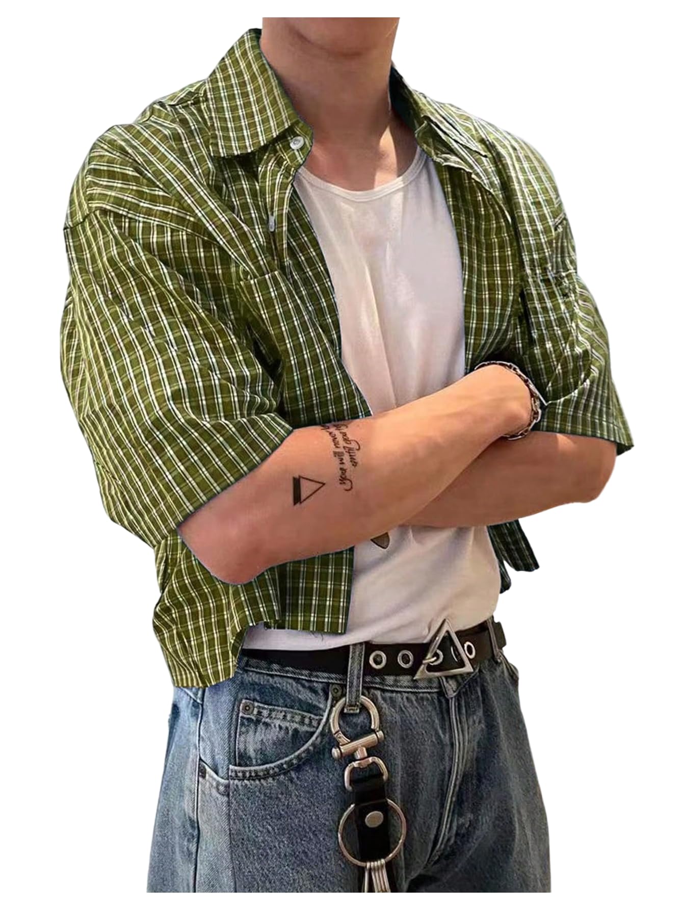 GORGLITTER Men's Gingham Cropped Shirt Short Sleeve Button Down Shirts