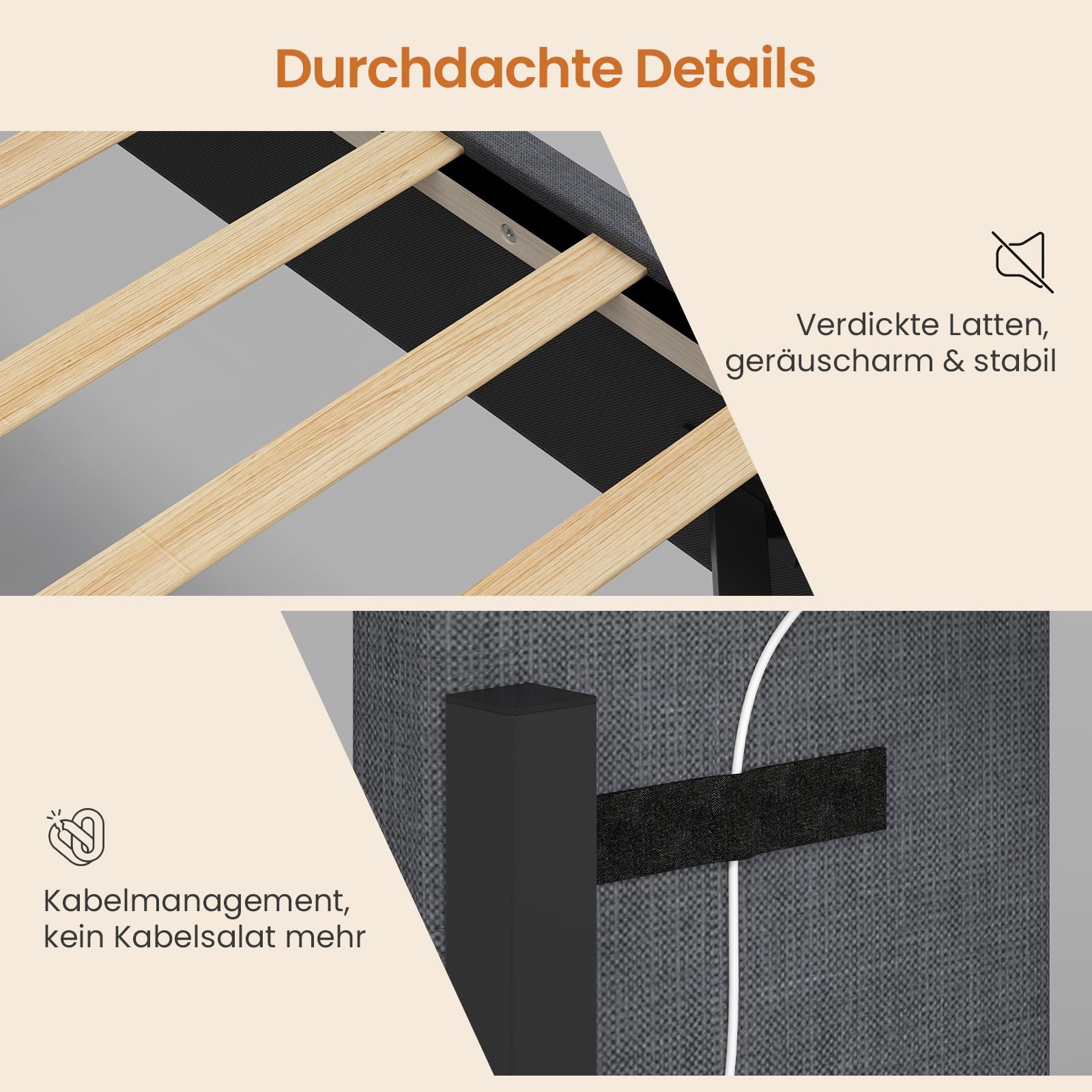 KIMENICH Polsterbett 180x200 cm,Schwebebett mit LED-Beleuchtung und Ladestation,Bett 180x200 mit Stauraum,Doppelbett mit Lattenrost,Bettgestell mit Kopfteil,Grau