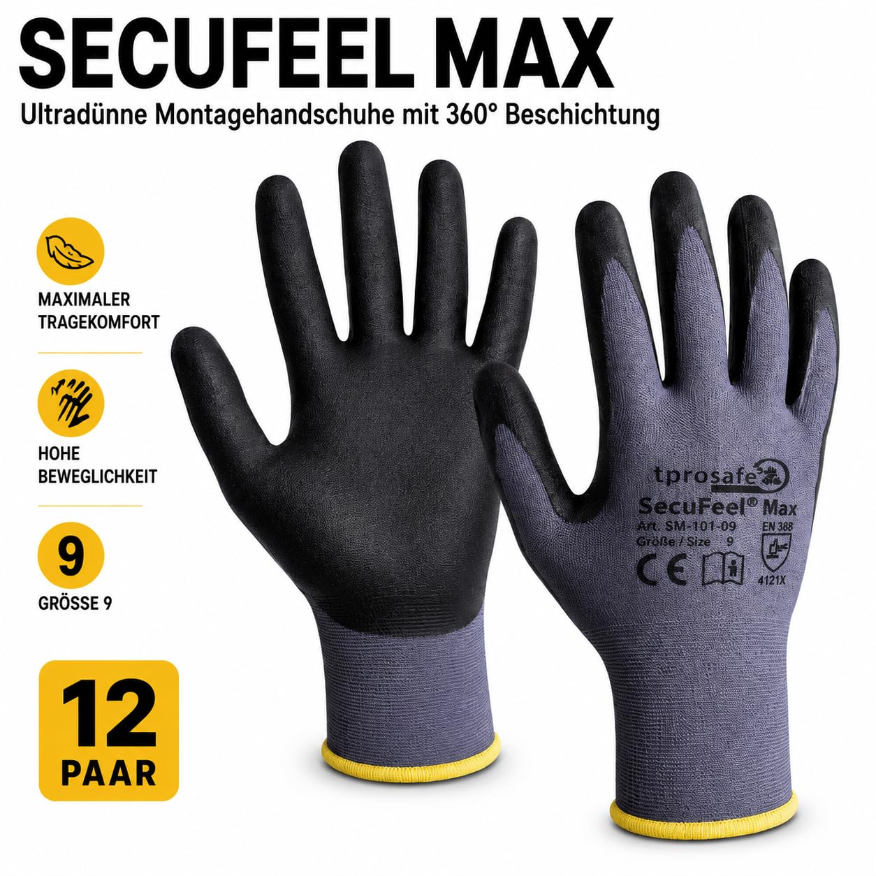 SecuFeel Max 12 Paar Arbeitshandschuhe Gr. 11 | Montagehandschuhe aus Nylon | Nitril-Mikroschaum-Beschichtung | Touchscreen-Funktion | Atmungsaktiv & robust | Ideal für KFZ, Logistik sowie Handwerk