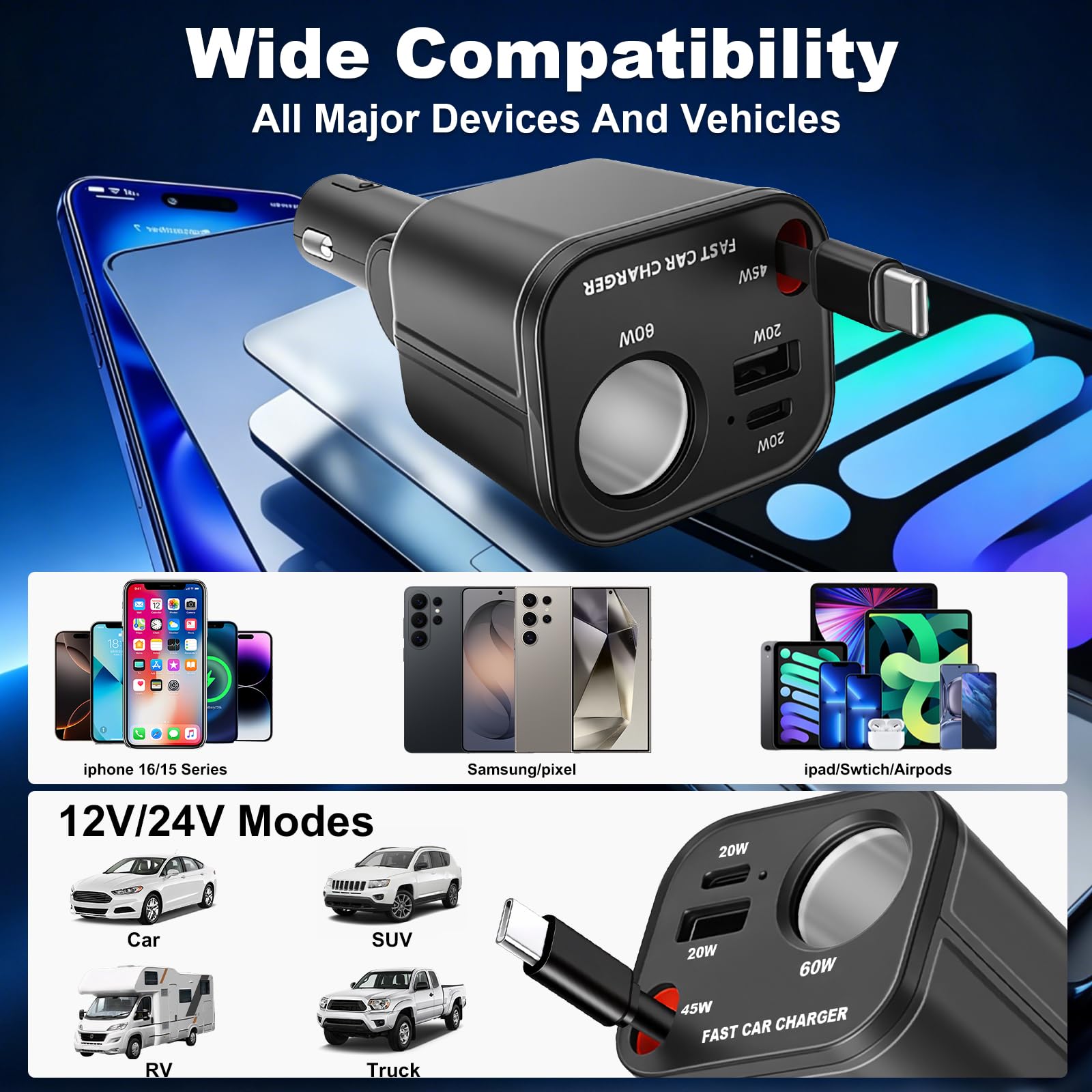 4 in 1 presa accendisigari USB C, 145 W, caricatore da auto con cavo retrattile di tipo C, adattatore USB da 12 V/24 V, compatibile con iPhone17/16/Samsung S26