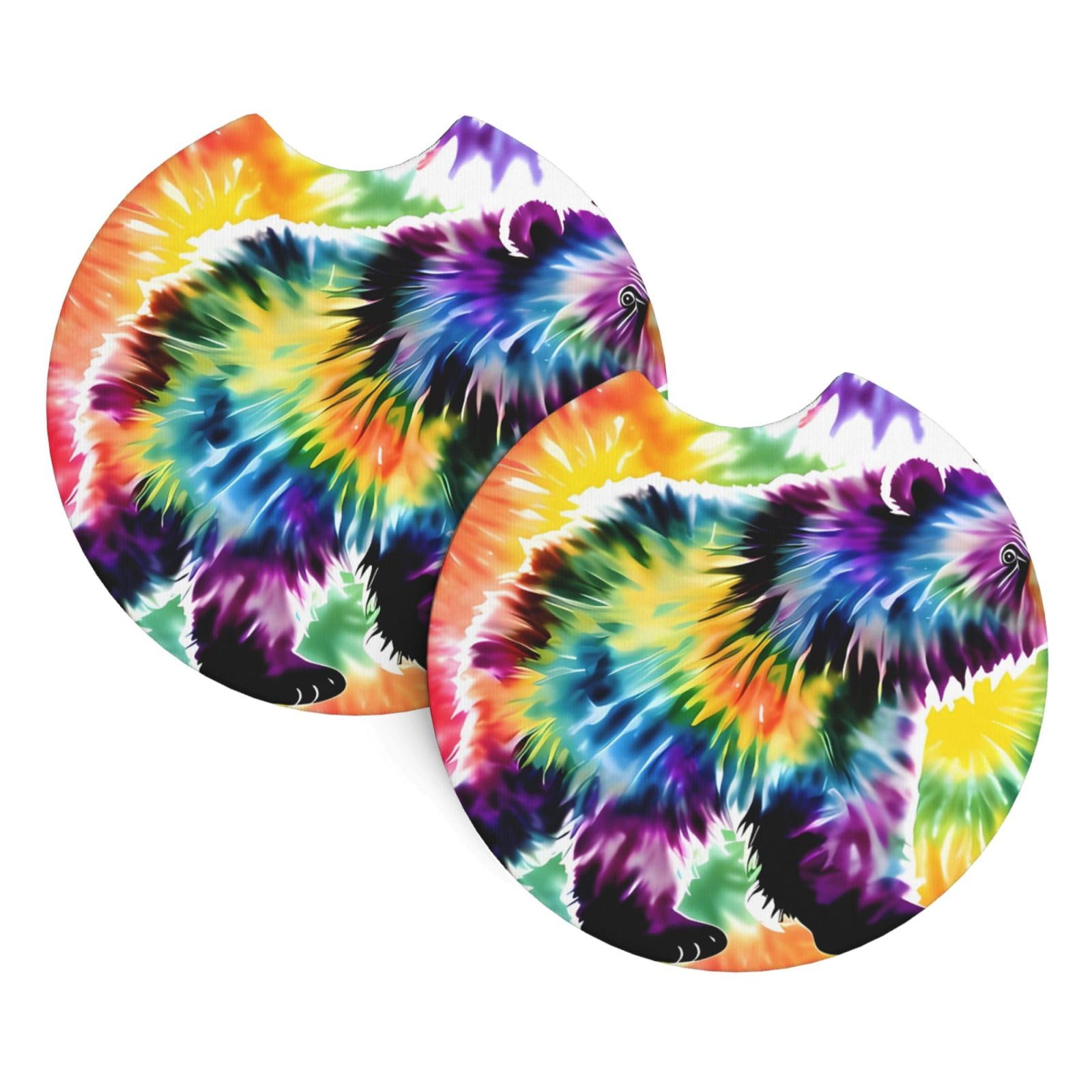 2 Pack Car Coaster for Cup Holders Bear Dancing Tie Dye Car Cup Coaster 2.7" Neoprene Non-Slip Automotive Cup Mat Universal Auto Car Interior Accessories for Women Men Cup Pad