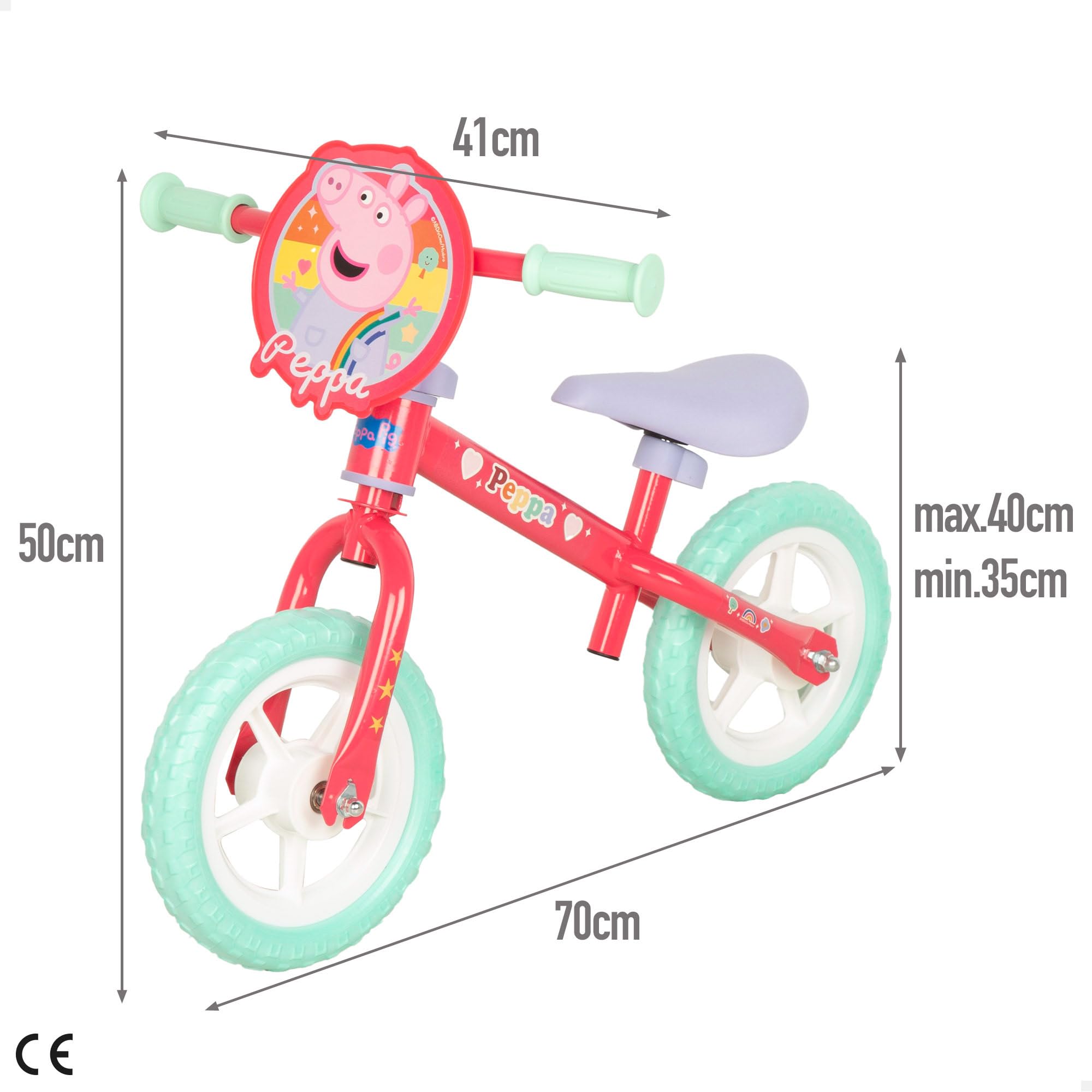 Peppa Pig Bicicleta sin Pedales, 70x41x50 cm, Máx. 20 kg, Bici de Equilibrio, 2 Ruedas Goma antipinchazos, Manillar y sillín Regulables, Altura Ajustable, Licencia Oficial, +2 años (77756)