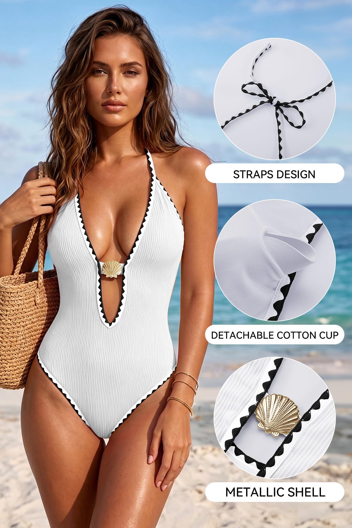 SHEKINI Maillot de bain une pièce pour femme - Dos nu côtelé - Col en V profond - Contrôle du ventre - Avec rembourrage amovible